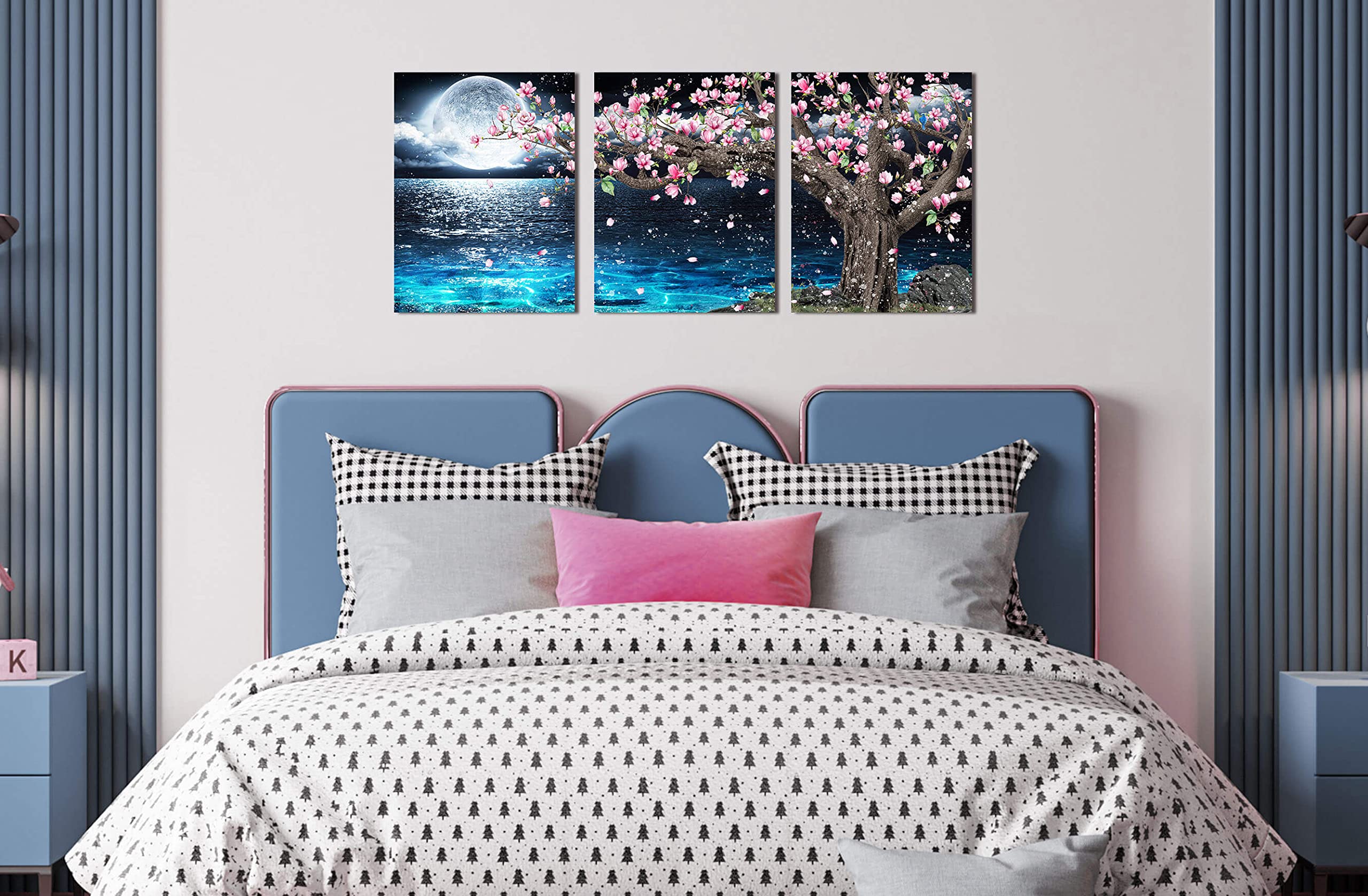 HUBOSKN Blue Ocean Wall-Art - Pink Wall Decor for Office - Tree Wall Art for Living Room Moon 3 Pieces Canvas Art Picture 16x12 Inches