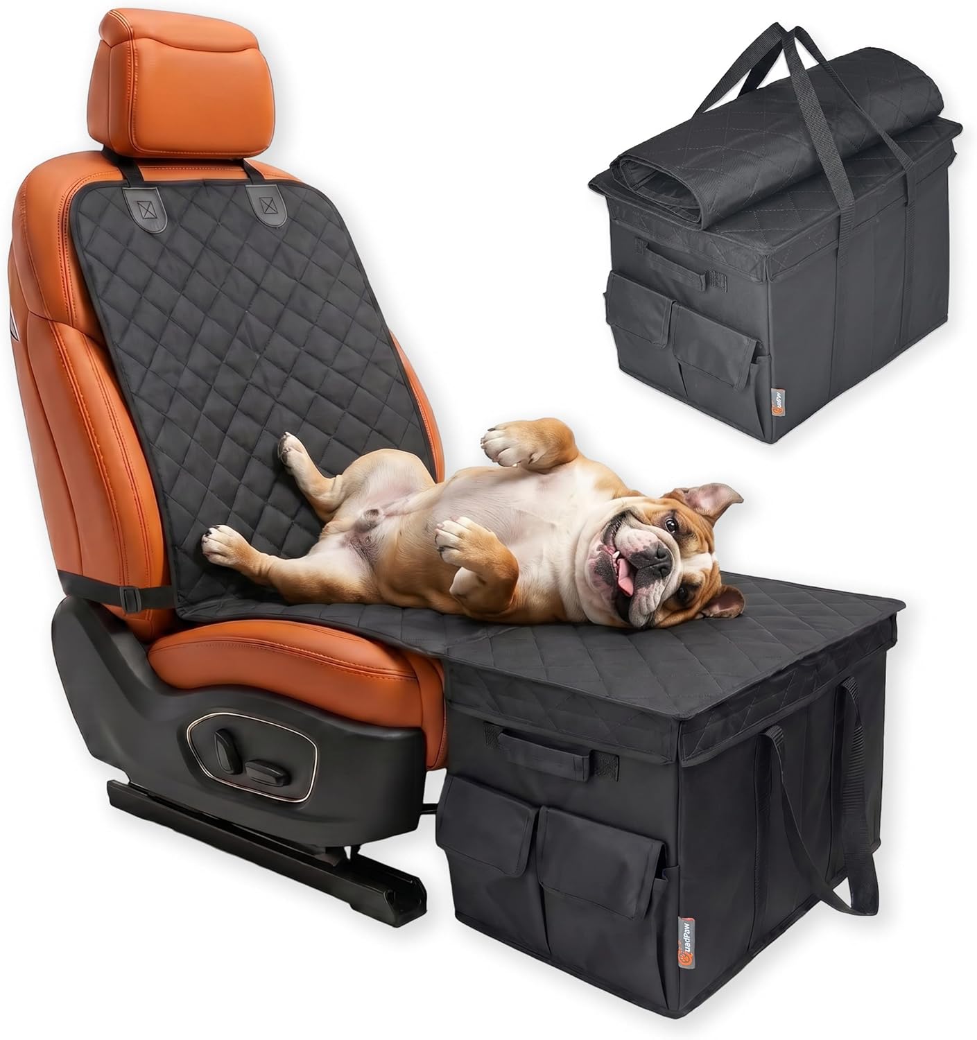 Back & Front Seat Extender for Dogs with Storage – Hard Bottom Dog Car Seat Cover, Waterproof Hammock Gap Filler for Cars, SUVs & Trucks, Scratch-Resistant Pet Seat Protector