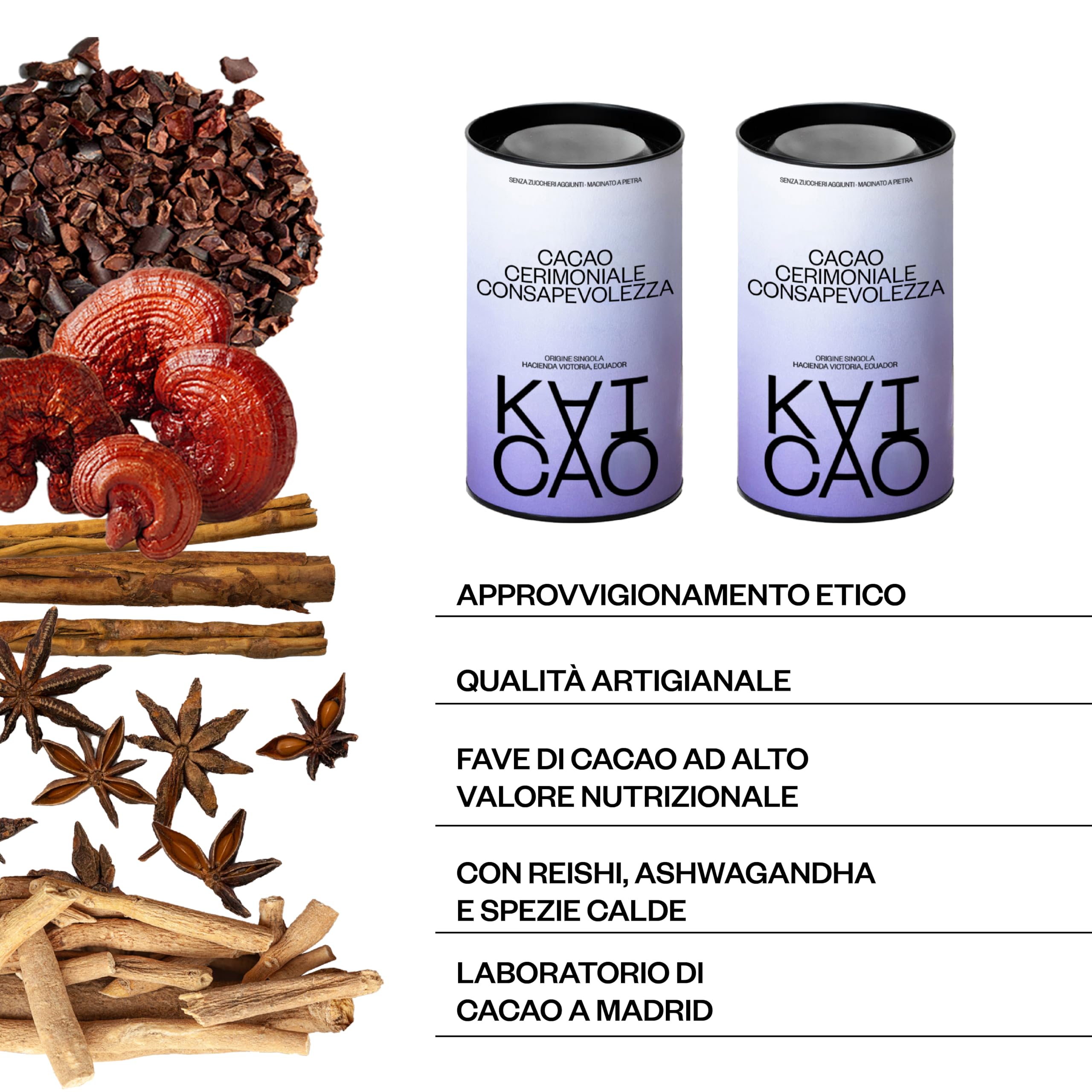 Kaicao Cacao Cerimoniale Mindfulness con Reishi e Ashwagandha - Cacao Puro Macinato in Polvere, origine Ecuador – Senza Zucchero, Vegano, Senza Glutine, Dieta Keto - 201