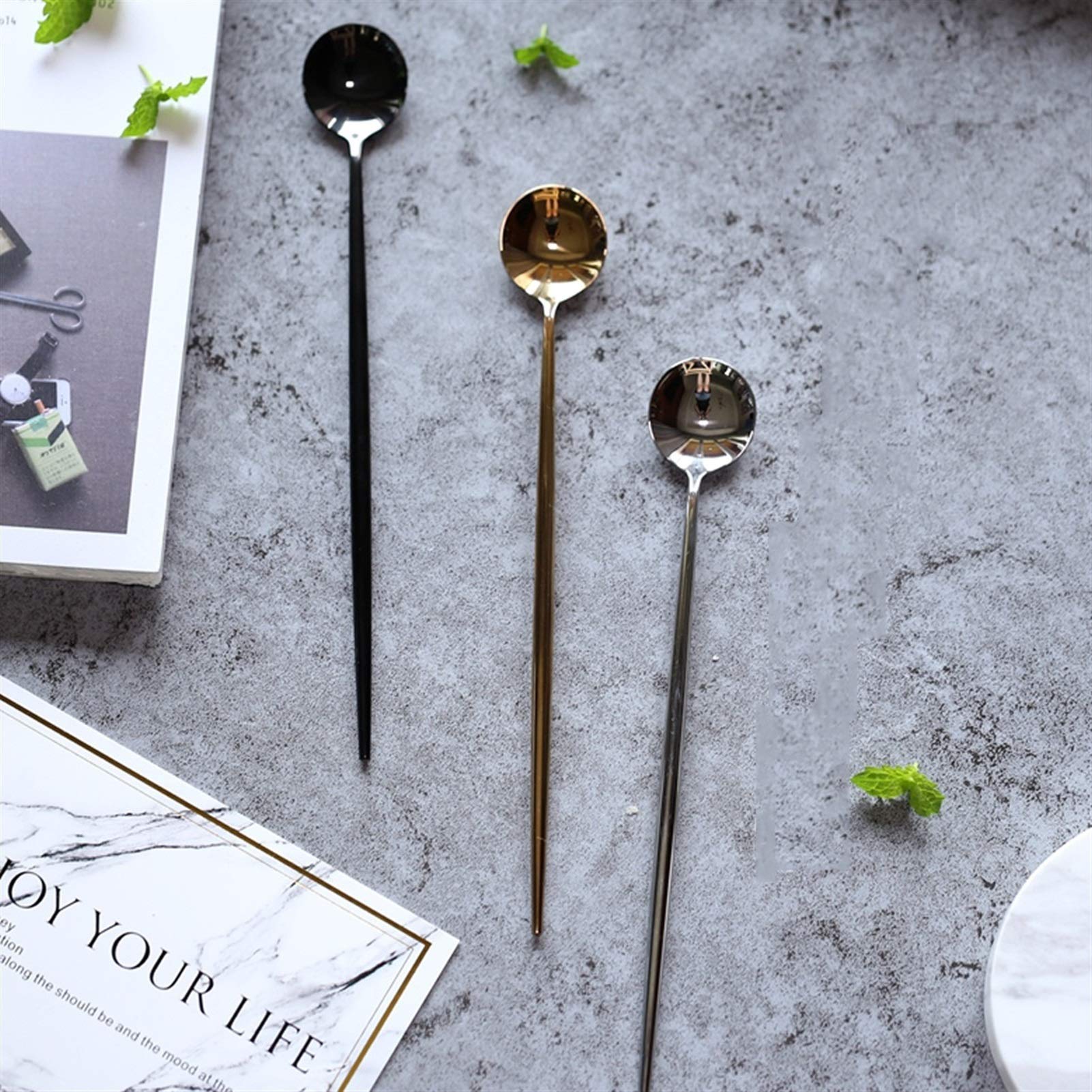 Cucharas de Postre Oro de acero inoxidable, leche, bebidas, té de leche, leche en polvo, miel, cuchara de palo de remojo de café, cuchara de postre, comida occidental, bebida fría Mango largo ​Cuchara