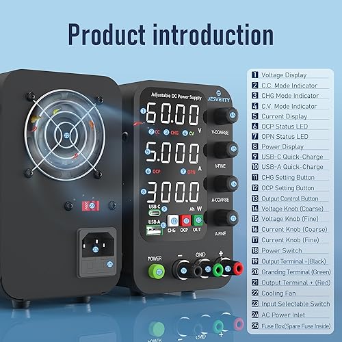 Miniatura 10 de Fuente de alimentación de CC variable, 0-30V 0-10A Fuente de alimentación de banco regulada de CC con perilla de codificador, interruptor de