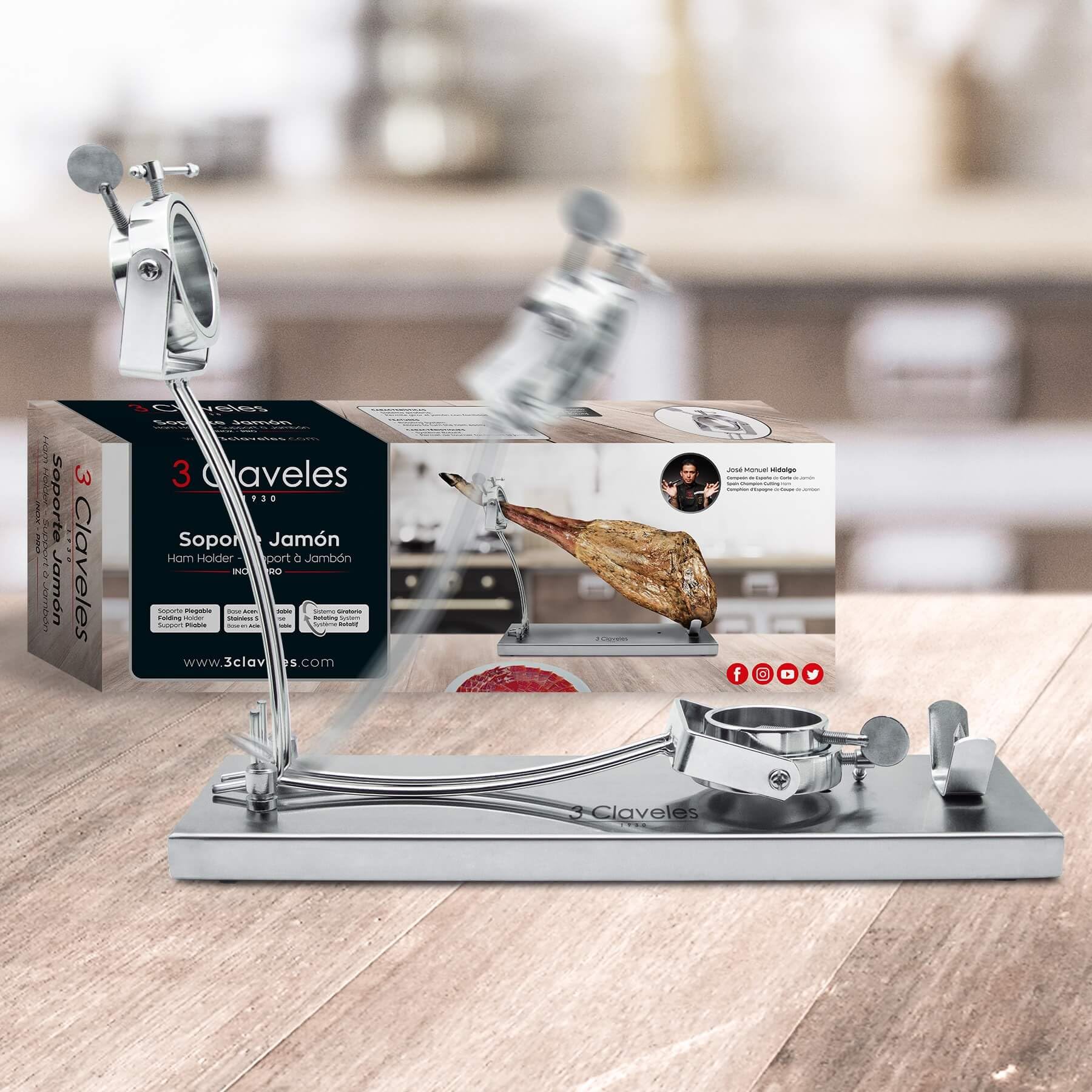 SOPORTE JAMONERO INOX PRO PLEGABLE CABEZAL GIRATORIO 3C