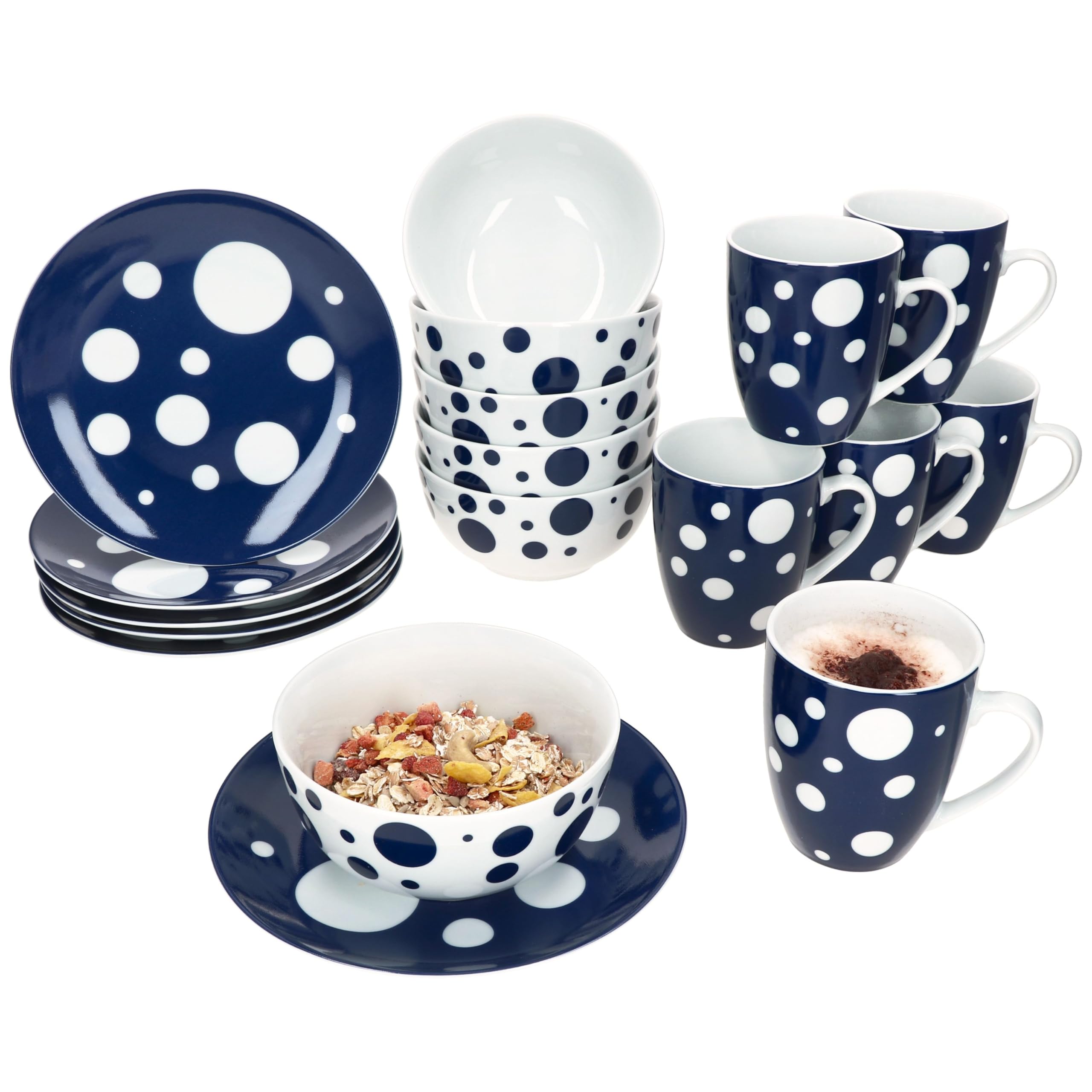 MamboCat Pula niebieski 18-częściowy zestaw śniadaniowy, 6 talerzy do ciasta, miseczek na musli 400 ml i kubki do kawy 300 ml z porcelany, dla 6 osób, dekoracja w niebieskie kropki, śniadanie i brunch