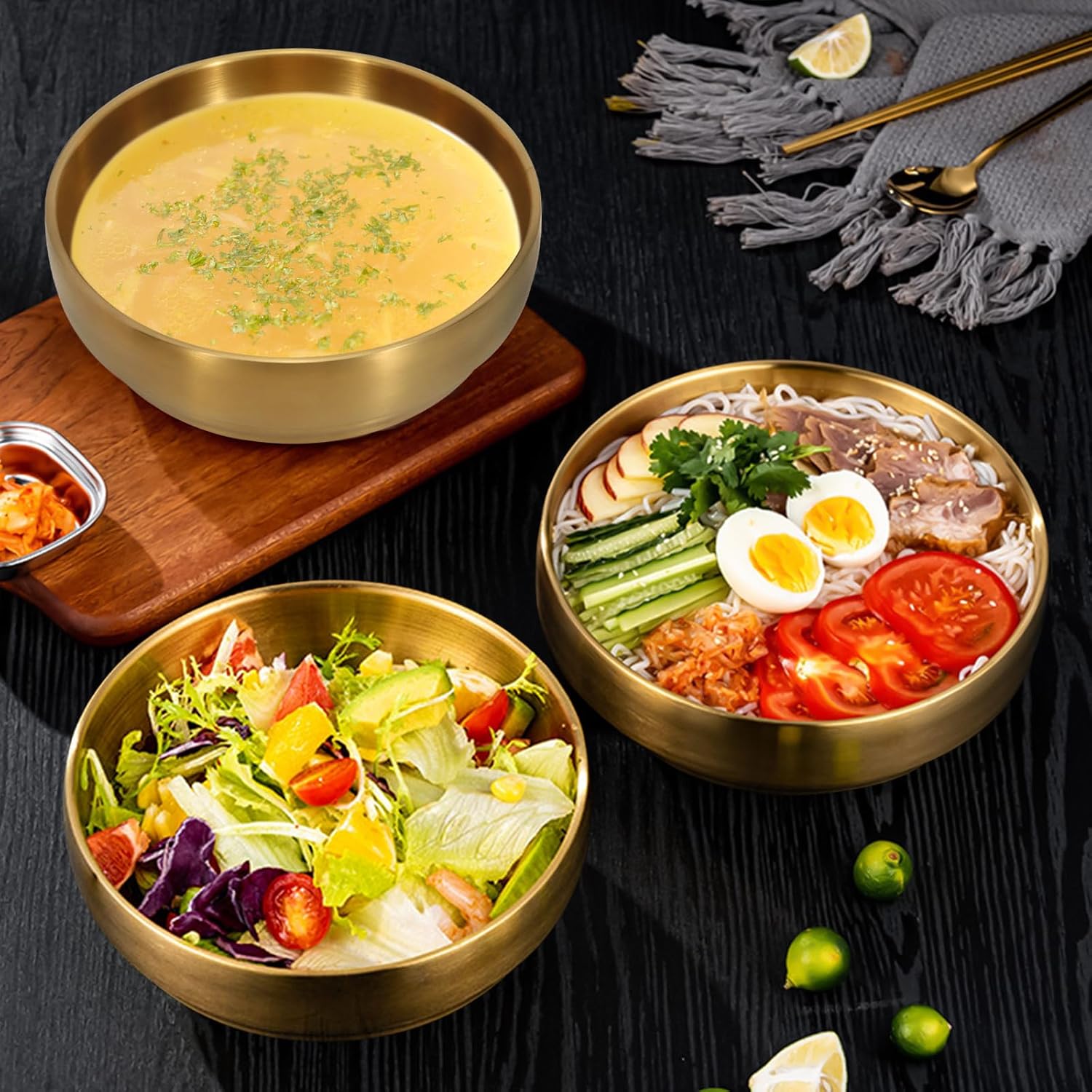 2Pcs 7.3In Gold Large Stainless Steel Soup Bowl, 35OZ Double Walled Sashimi Dish, Unbreakable Serving Bowl Rice Bowls Soup Bowl Salad Bowl Noodle Bowl for Restaurant, Home (2)