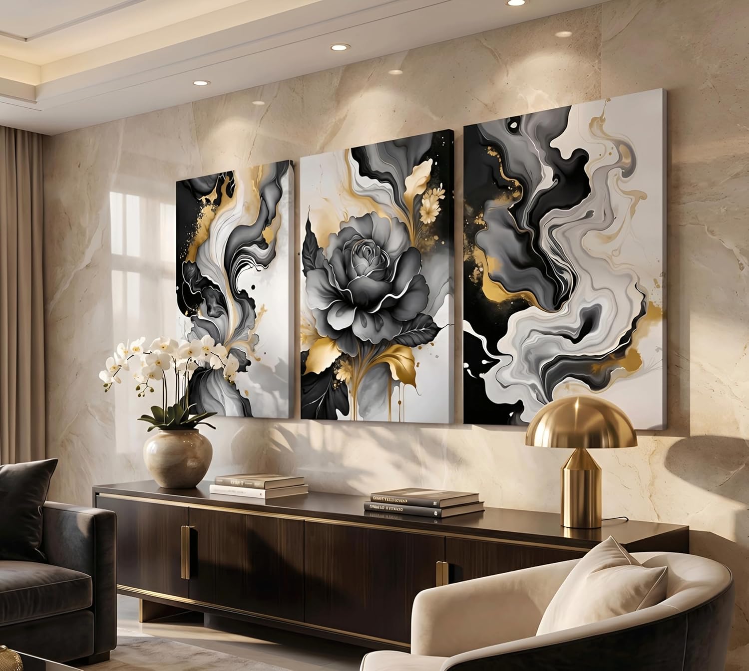 3pcs Black And Gold Abstract Canvas Wall Art Modern Black Grey And Gold Marble Wall Decor Pictures Minimalist Foil Fluid Texture Posters Prints for Living Room Bedroom Office Home Decoration