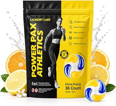 PowerPax Athletics Laundry Detergent Pods, 36 Count 5-in-1 Washer Pods for Activewear & Everyday Laundry, Enzyme Stain & Odor Remover, Citrus Energy, HE Washing Machine Pods
