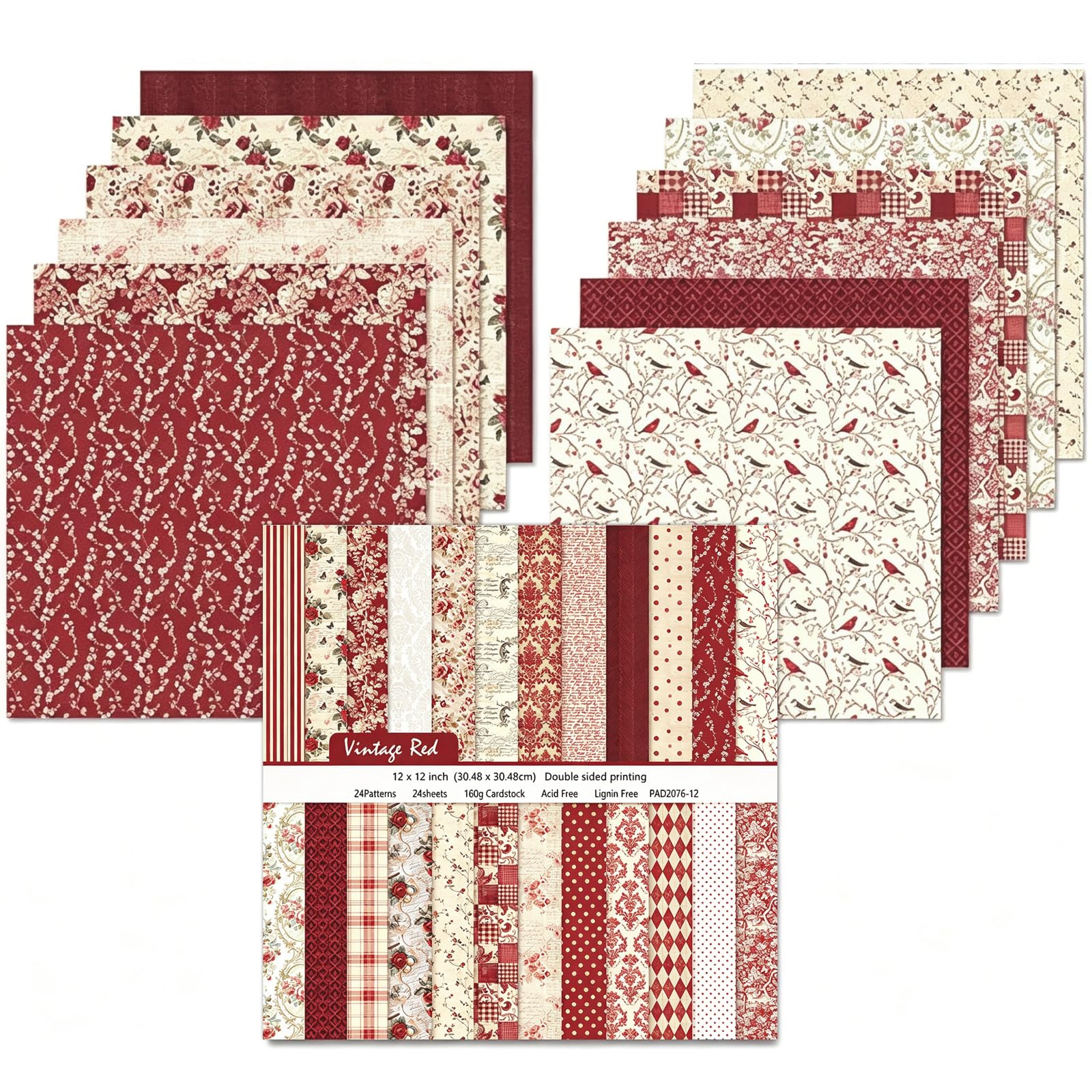 24 Sheets Scrapbook Paper, 30cm/12inch Scrapbooking Cardstock Pad, Decorative Pattern Paper for DIY Photo, Album and Scrapbook Decoration (Vintage Red)