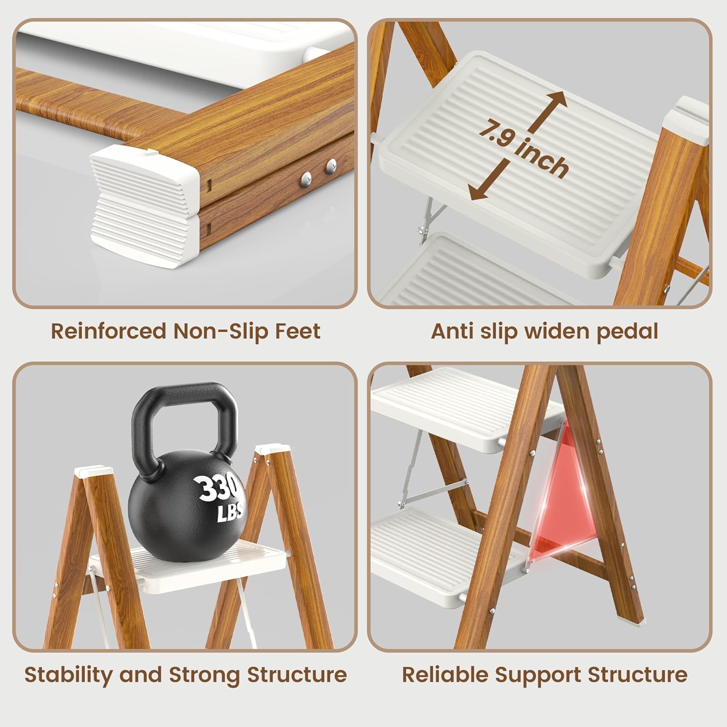 HBTower Step Ladder,Lightweight Aluminum Folding Step Stool with Anti-Slip Wide Pedal,330lbs Capacity Step Ladder for Household,Kitchen,Office - WhiteWoodgrain