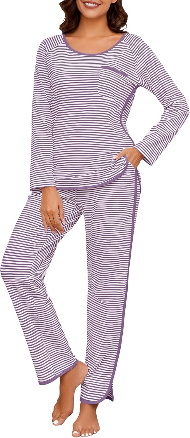Womens Cotton Pajama Sets Stripe 2 Piece Lounge Set Long Sleeve Comfy Pj Sets Fall Loungewear Sleepwear with Pockets