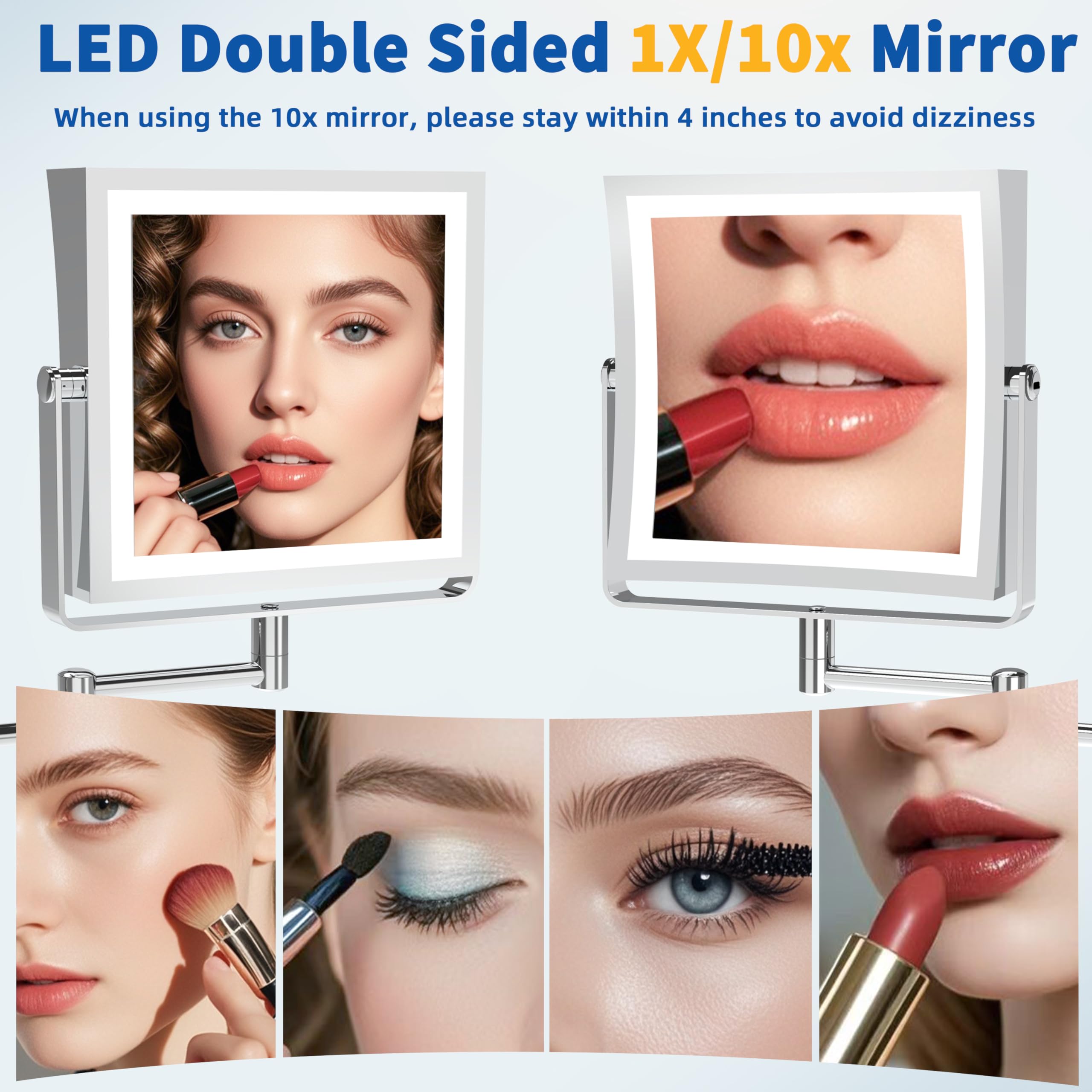 Ruacq Specchio da trucco ricaricabile da parete con luci, specchio cosmetico con ingrandimento 1X/10X su entrambi i lati con illuminazione a 3 colori, touch screen dimmerabile, braccio pieghevole con