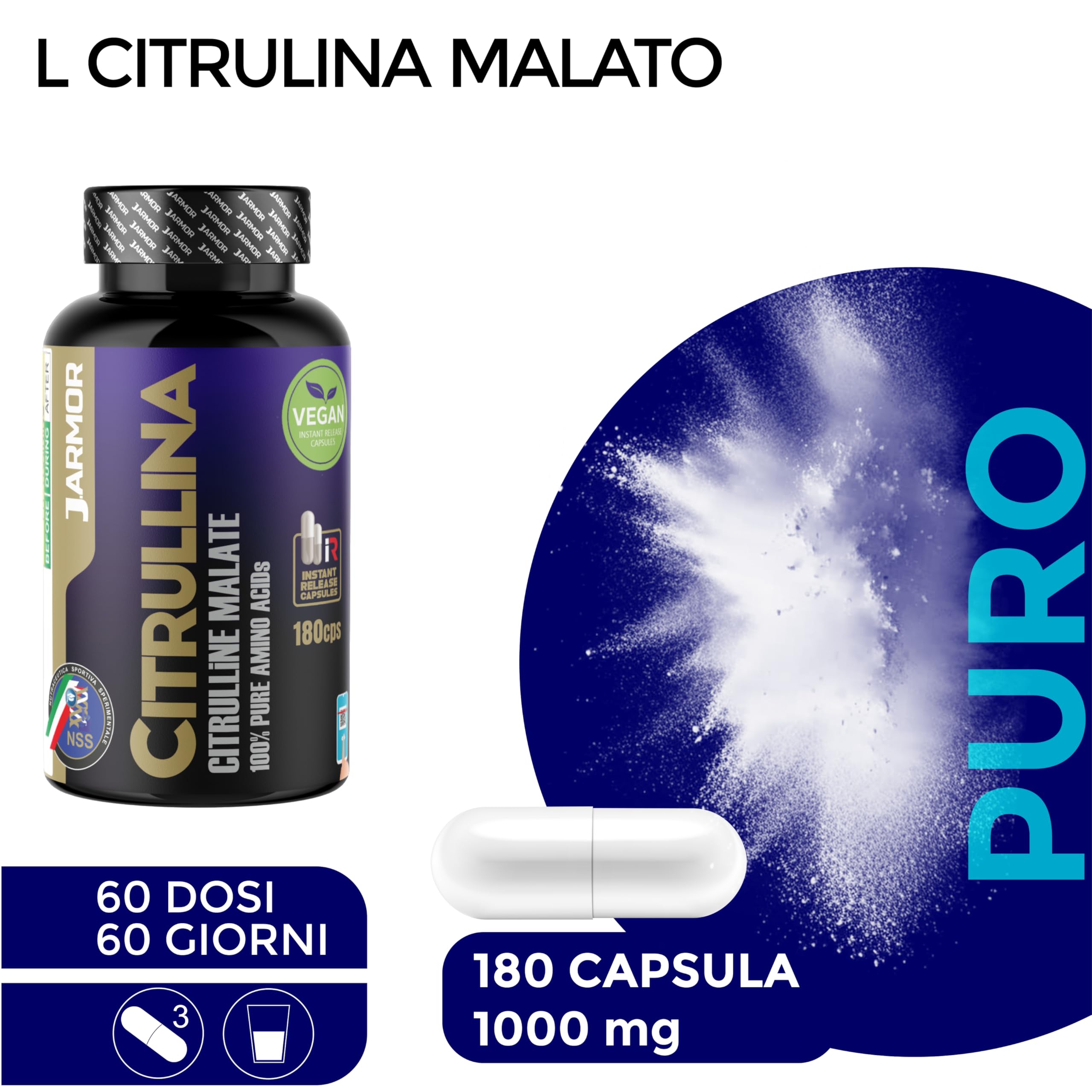 Citrullina Malato Integratore – 180 Capsule Vegane, 1000mg per Capsula (3000mg per Dose) – Pre-Workout Potente per Energia e Performance – Booster di Ossido Nitrico per Uomo e Donna