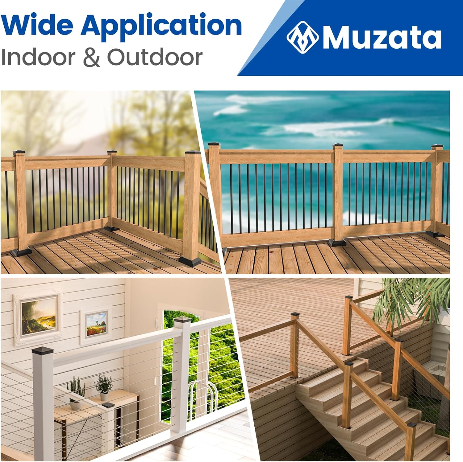 Muzata 4Pack Black Pyramid Aluminum Post Cap for Wood Post WT06 | Fits 4"×4" (Actual 3.5"×3.5") Wooden Post on Deck and Stairs, Ideal for Coastal Areas, Pre-drilled for Easy Installation