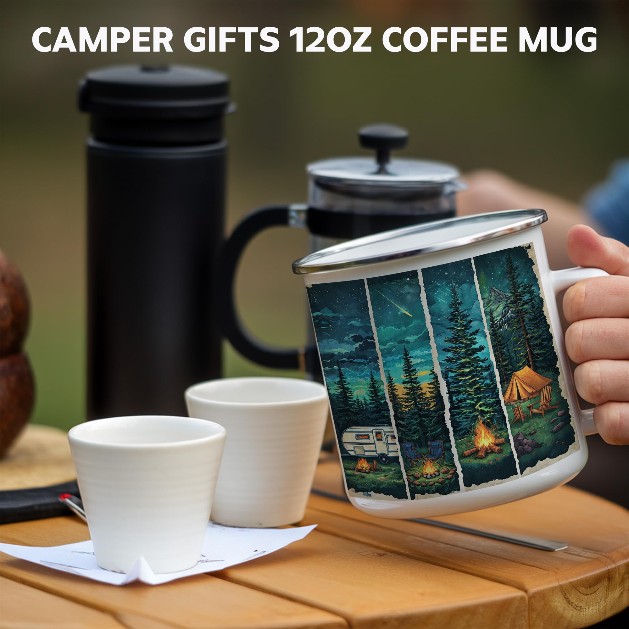 Forest Campfire Panel Camping Mug, 12oz Mug Scenic Tent and Camper Van Enamel Coffee Cup with Pine Trees and Starry Sky, Outdoor Campfire Cup for Nature Adventure, Lightweight Drinkware