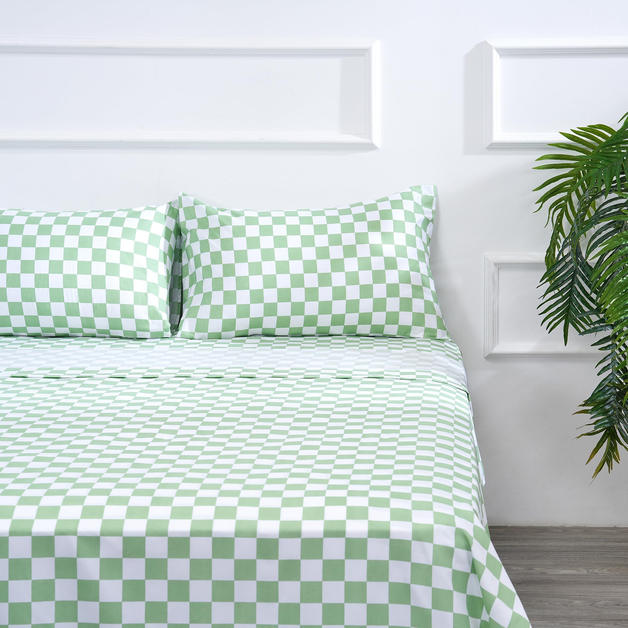 Bed Sheet Set 4 Piece -Full Size-Soft Durable Microfiber Bedding Sheet Set,Deep Pocket,Stain,Fade & Wrinkle Resistant Green and White Checkerboard Grid(Plaid Green&White)