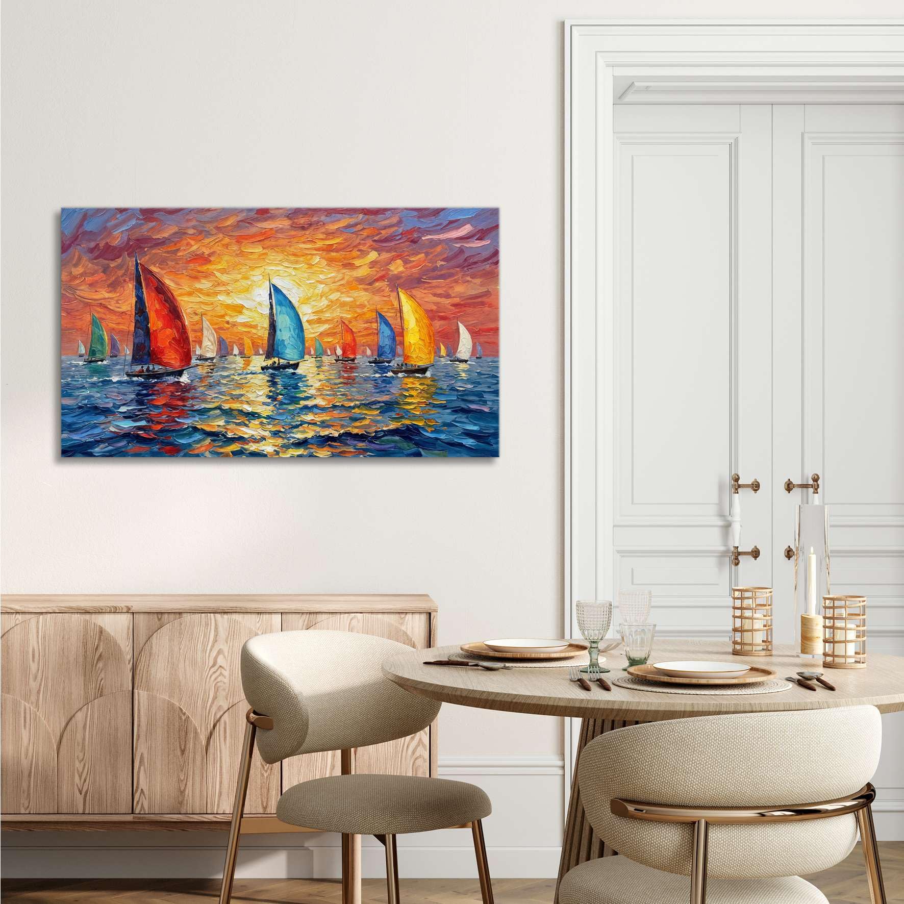 LuxHomeDecor Quadro Barche a Vela Colorate al Tramonto sul Mare – stampa su tela con telaio in legno – 140x70 cm