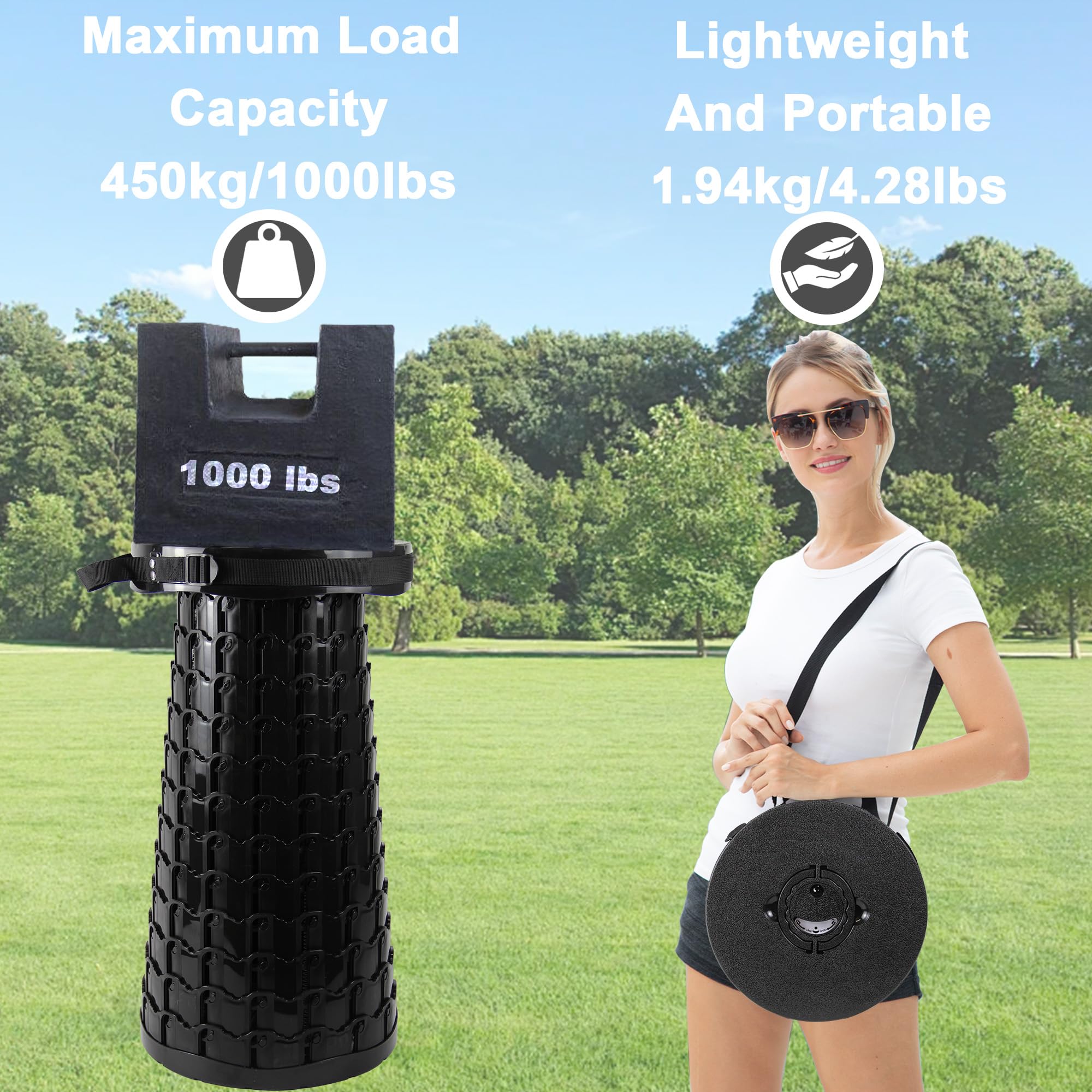 ALEVMOOM 2026 Verbesserter XXL-Klapphocker mit Kissen und Tasche, höherer 59 cm Tragbarer Teleskophocker, maximale Belastbarkeit 450 kg, einziehbarer Klapphocker für Camping und Reisen