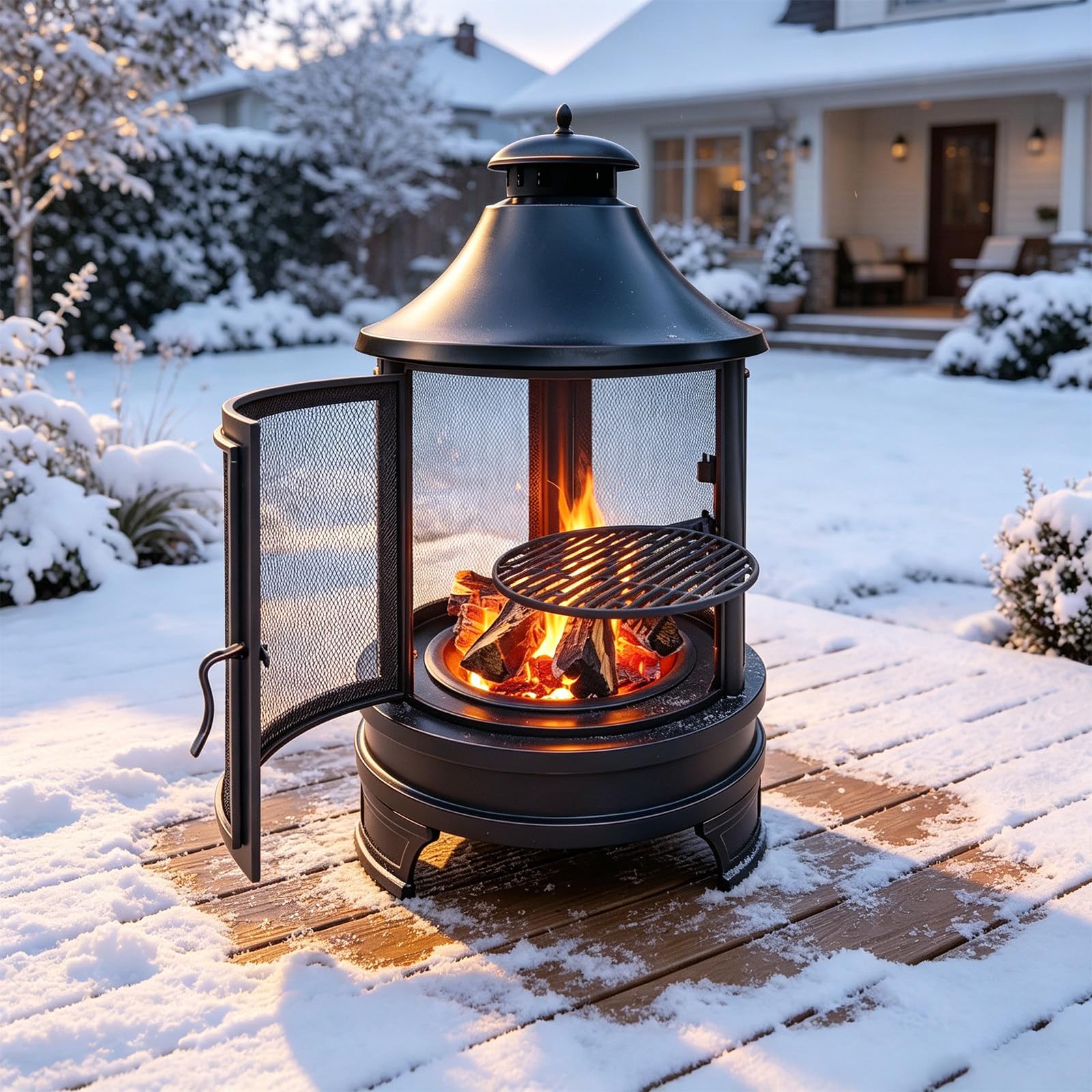 Ogrodowy kominek typu chiminea/ogrzewacz zewnętrzny | Funkcja 2 w 1 (ogrzewanie i grillowanie), powłoka antykorozyjna, osłona z siatki; idealny na kemping, do kampera i na ognisko