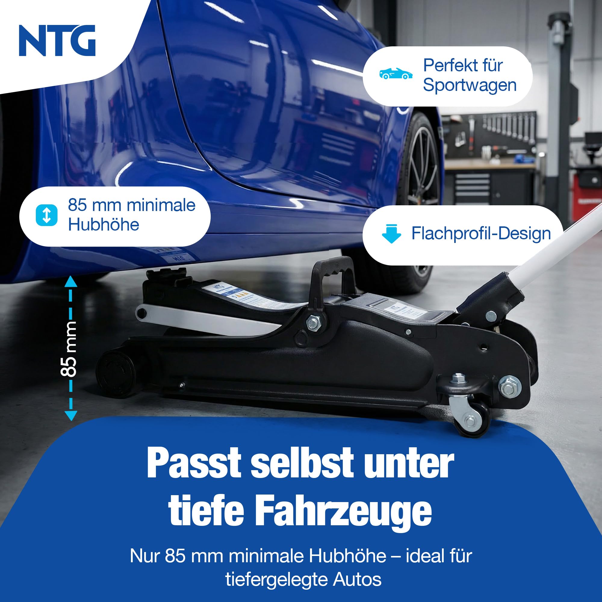 Wagenheber Hydraulisch 2,5T TÜV Zertifiziert (85-375mm Hubhöhe) - Profi Rangierwagenheber flach für tiefergelegte Autos - KFZ PKW Autoheber NTG (+ Gummiauflage Flach)