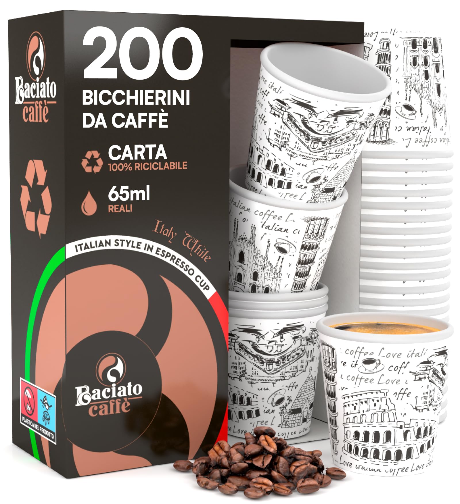 200 kubki papierowe do kawy 65ml Italy White Ekologiczne kubki biodegradacyjne jednorazowe małe na wynos gorące napoje