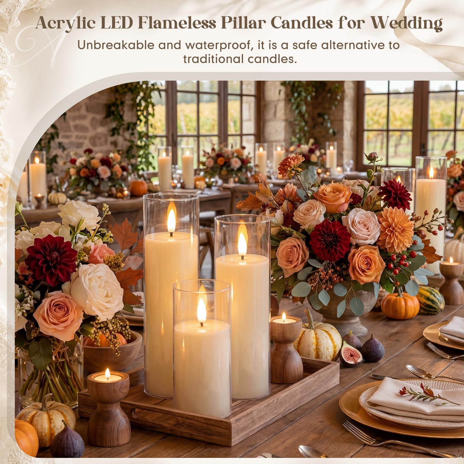 Retisee Confezione da 60 candele a LED in acrilico senza fiamma tremolanti con timer remoto (D 2,2 x H 12,7 cm, 15,2 cm, 17,8 cm), stoppino 3D in vera cera, funzionamento a batteria, per decorazione