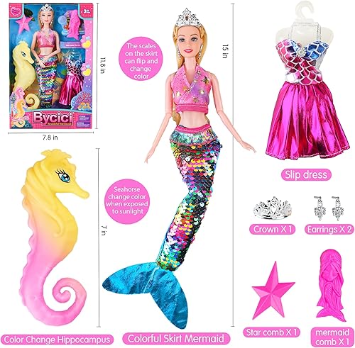Miniatura 9 de Muñecas de sirena para niñas de 4 a 7 años, juguetes de sirena de pelo rubio y ropa de muñeca para niña, juego de regalo de caballito de mar que