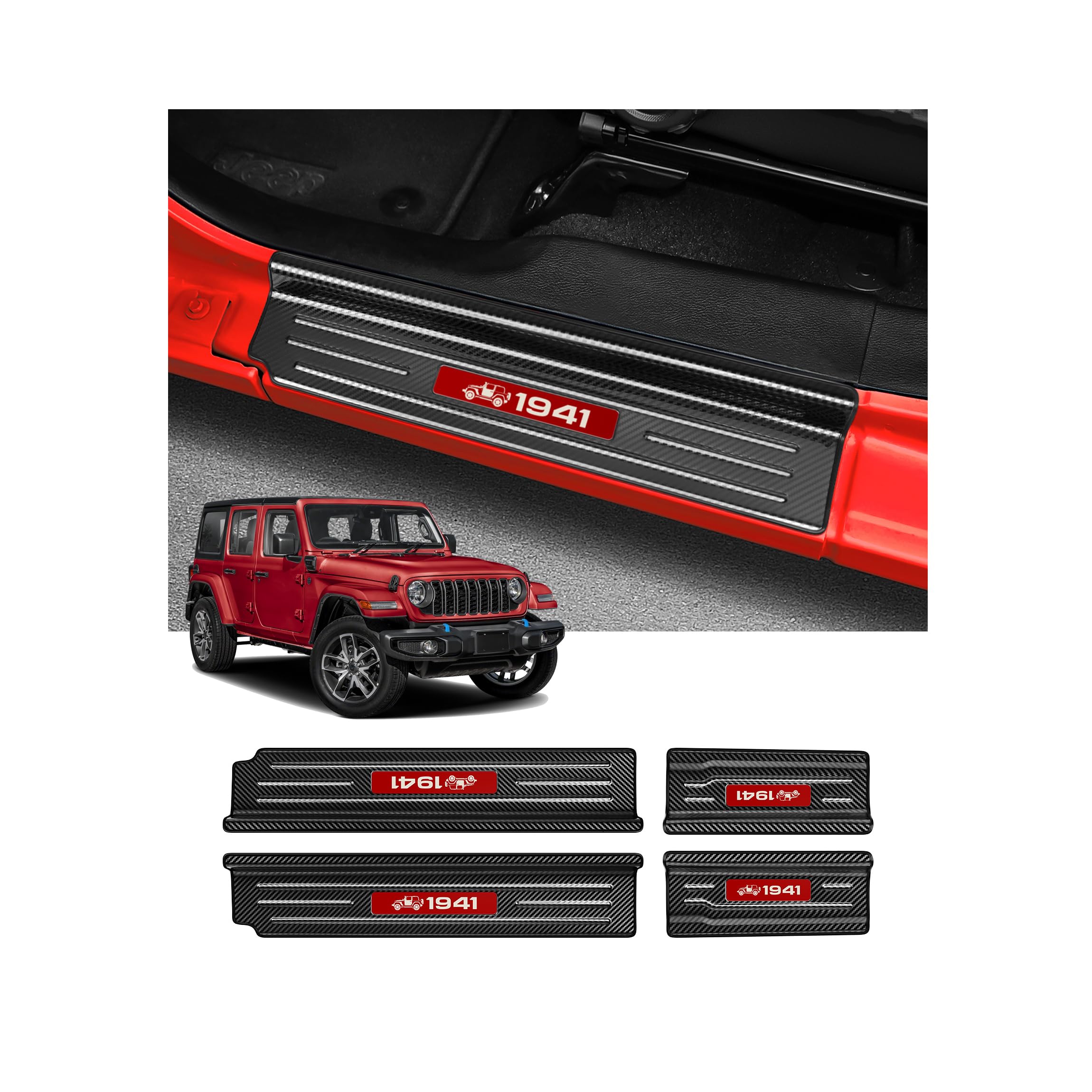 4-Door Door Sill Guards for Jeep Wrangler &amp; Gladiator - Red Carbon Fiber