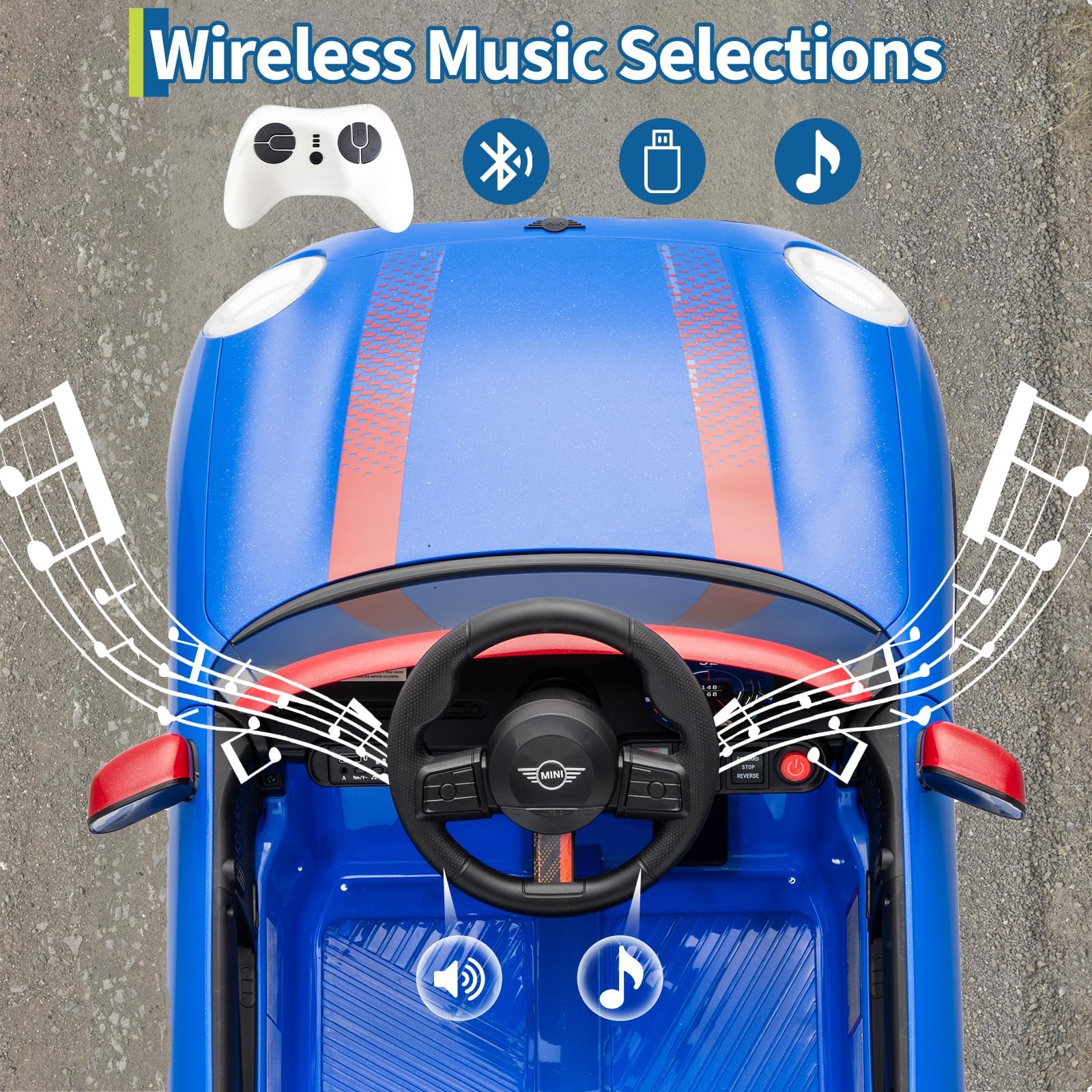 MINI Kinder-Elektroauto 12V, lizenziert, mit Fernbedienung, LED-Beleuchtung, Musik, USB, Hupe, Sicherheitsgurt & Doppeltüren, sicheres Kinderfahrzeug ab 3 Jahren.