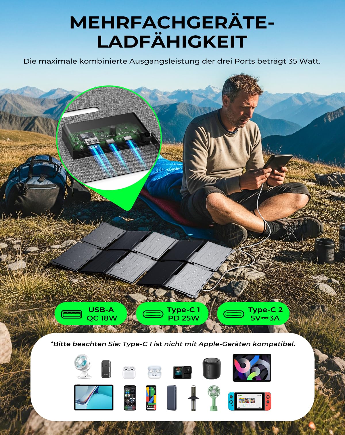 BigBlue Tragbarer 35W Tragbar Solar Ladegerät mit Schnellladung USB-A und PD 25W USB-C für Camping und Trekking, 0,7kg, IP68-Wasserdicht, Klappbares Solar-Ladegerät für iPhone/Android, iPad, Powerbank