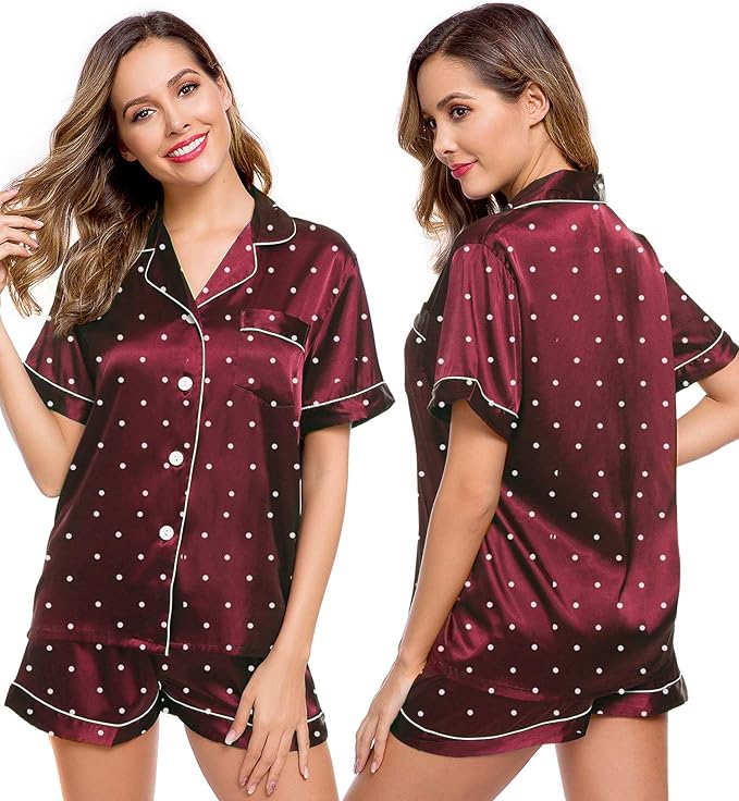 Womens Silk Satin Pajama Set with Short Sleeves and Button-Down Top