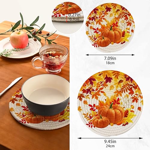Miniatura 3 de Salvamanteles de calabazas amarillas, 2 unidades, hojas de otoño, redondas, tejidas, para mesa de cocina, protector de encimera, almohadillas