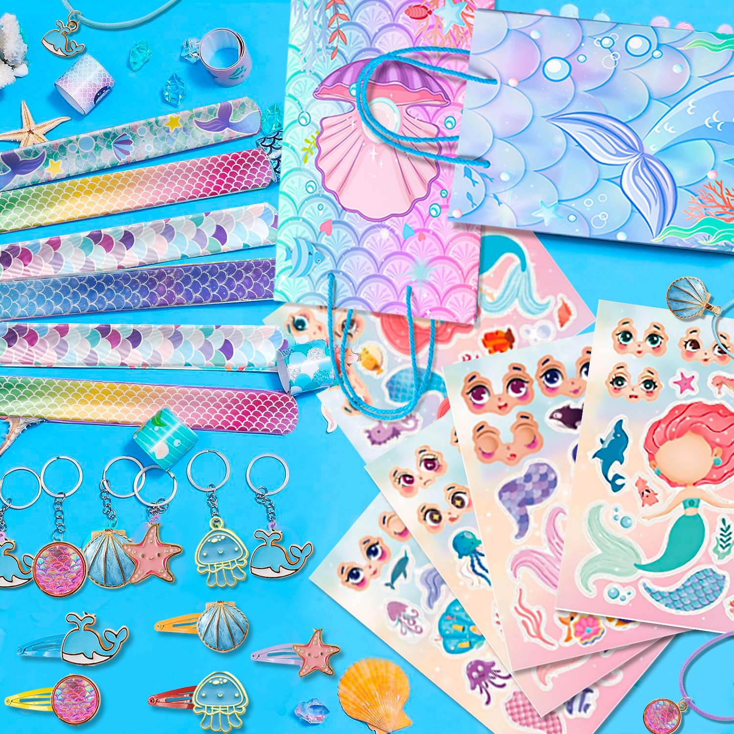 84pcs Mermaid Birthday Party Favor Bag Fillers with Fish Birthday Rings Keychain Bracelets Bags Hair Clips Necklace etc for Mermaid Birthday Decorations Supplies
