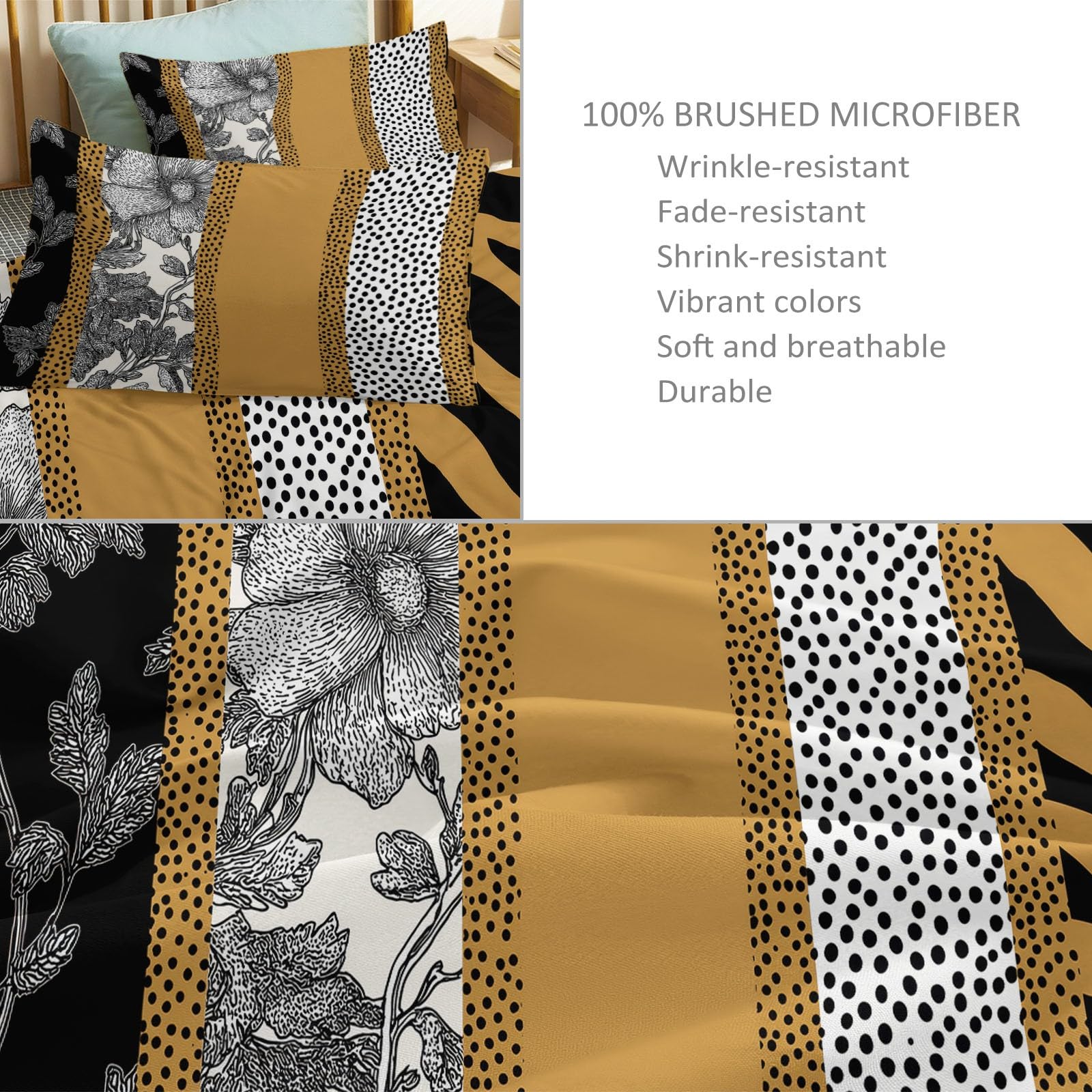 Zestaw pościeli w stylu vintage, 200 x 200 cm, dla chłopców i dziewczynek, w kwiaty, w kropki, miękkie, dwustronne, 3-częściowe poszewki na kołdrę z 2 poszewkami na poduszki, zestawy podwójnych łóżek