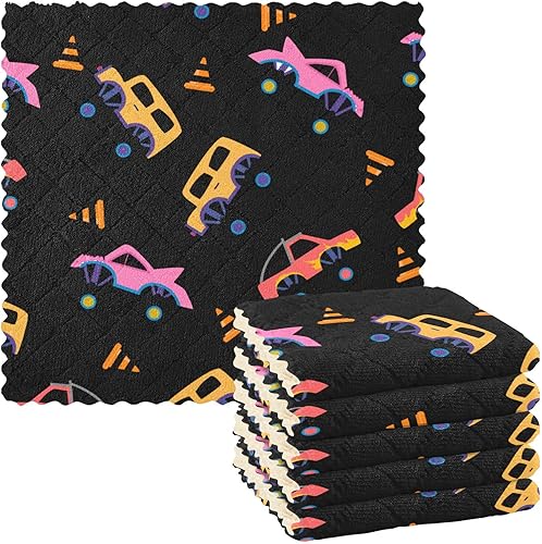 FRODOTGV Monster Cars Cotton Decorative Kitchen Towels and Dishcloths Fast Drying Set of 6 Microfiber Absorbant Towel for Restaurant Coffee