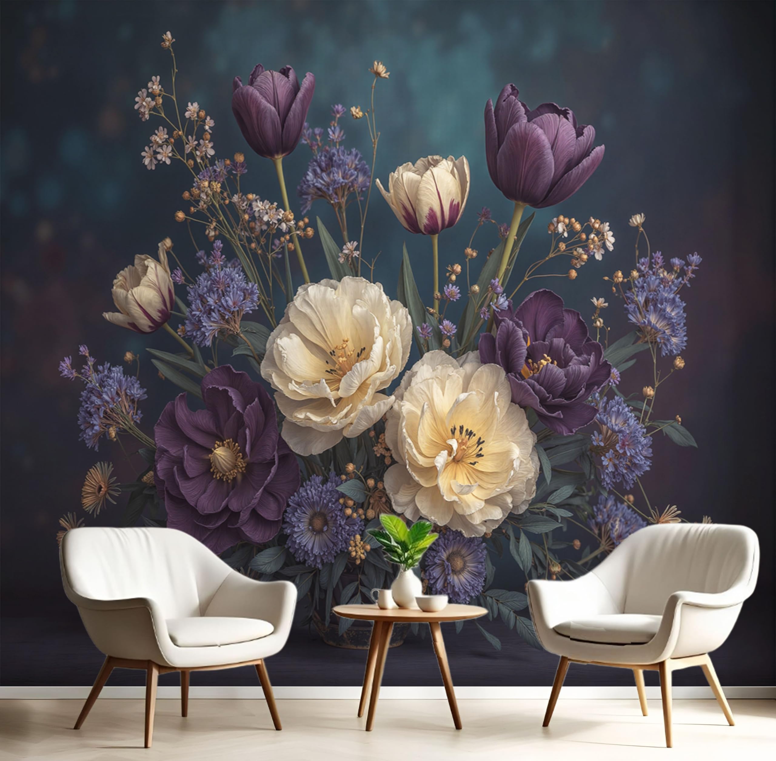 Papier peint panoramique mélancolie fleurs 3D soie violet foncé 150x105cm