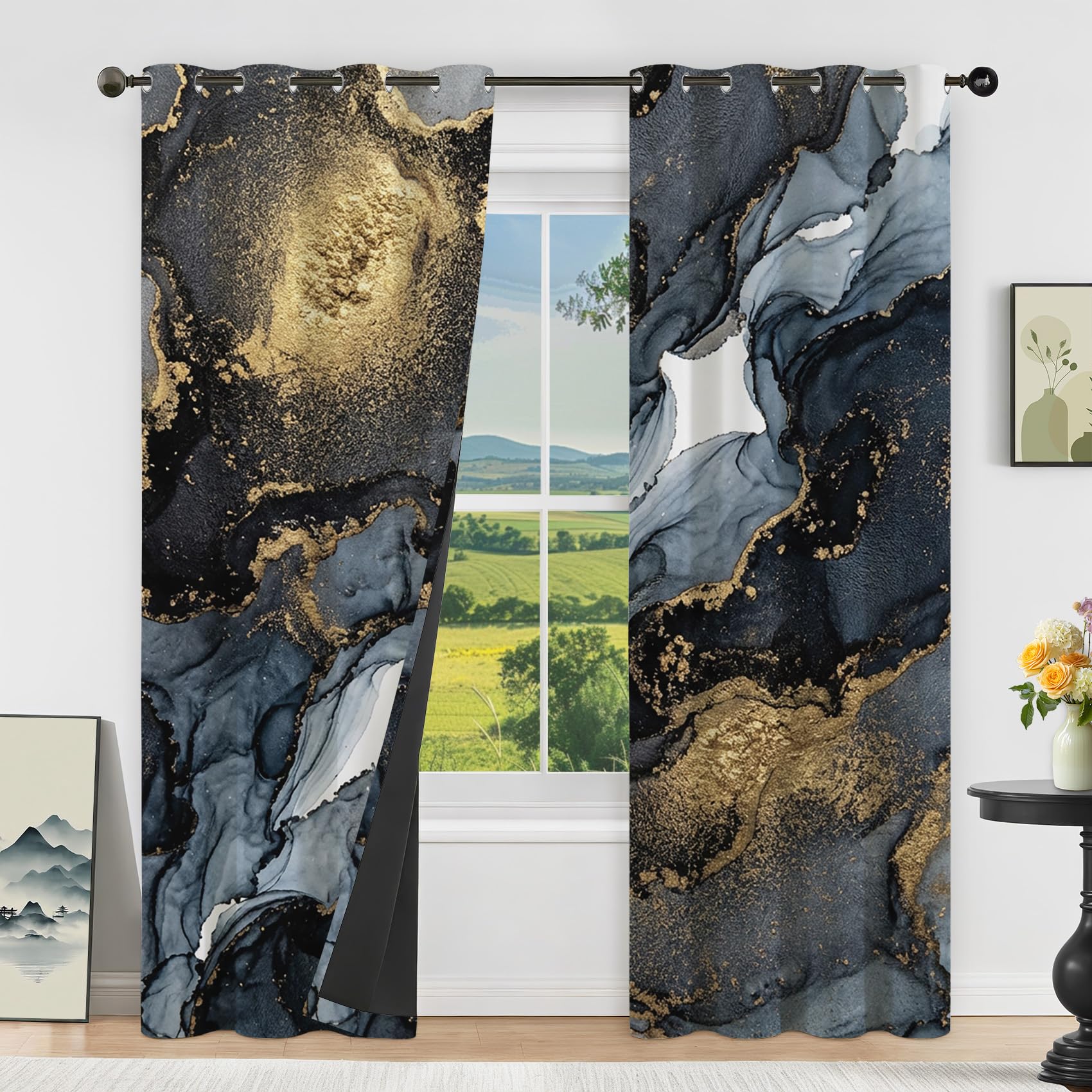 Marmor Optik Schwarz Gold Vorhänge Blickdicht Gardinen mit ösen Luxus Abstrakt Modern Vorhang 160 cm Lang Verdunklungsvorhänge für Schlafzimmer Wohnzimmer Fenster Thermovorhang 2er Set