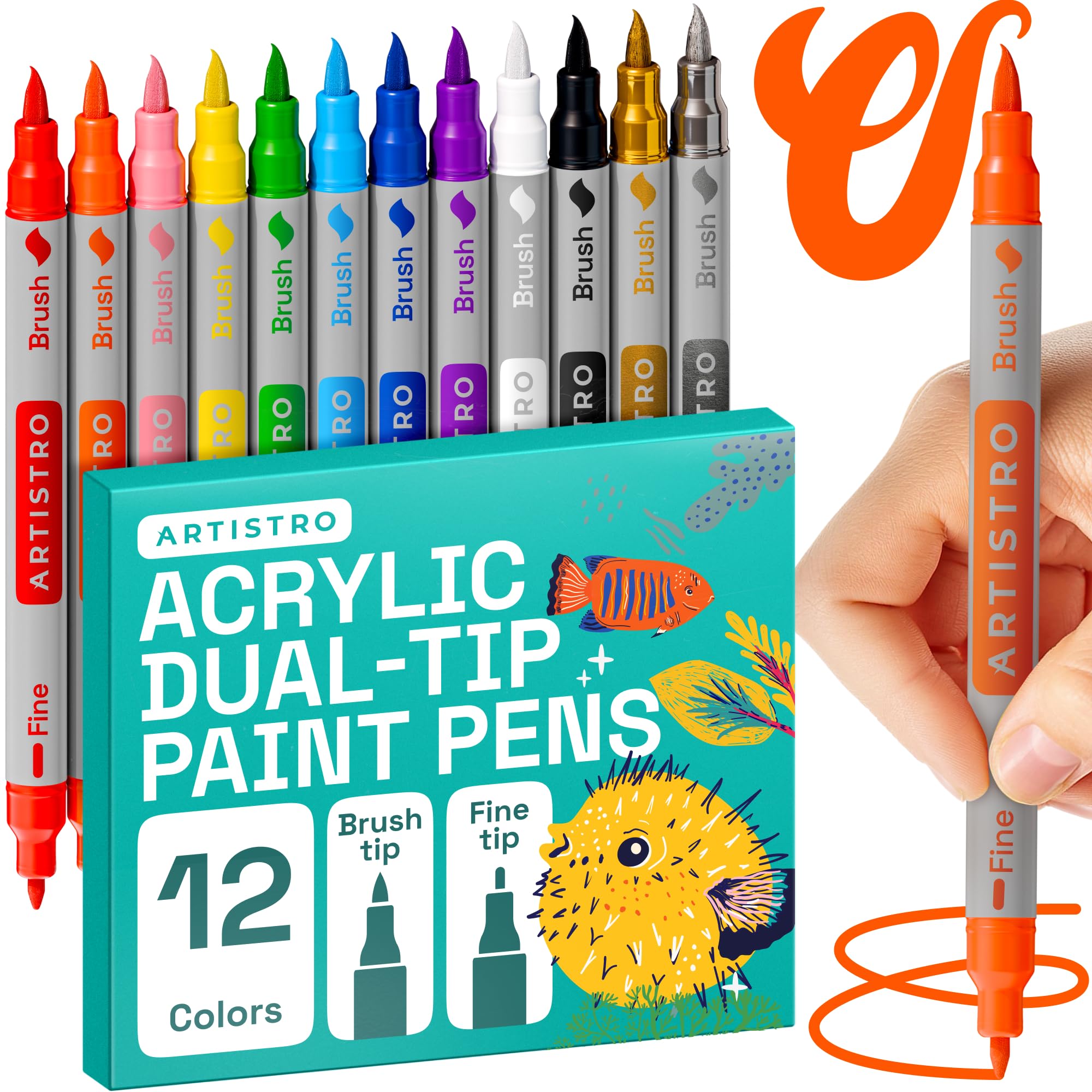 ARTISTRO Acrylic Paint Pens, Art Set Acrylic Paint Markers Dual Tip, Acrylic Markers for Fabric, Canvas, Rock, Glass, Wood, Paper, DIY, Paint Markers, Multicolor (Dual Tip Brush + Fine, 12)