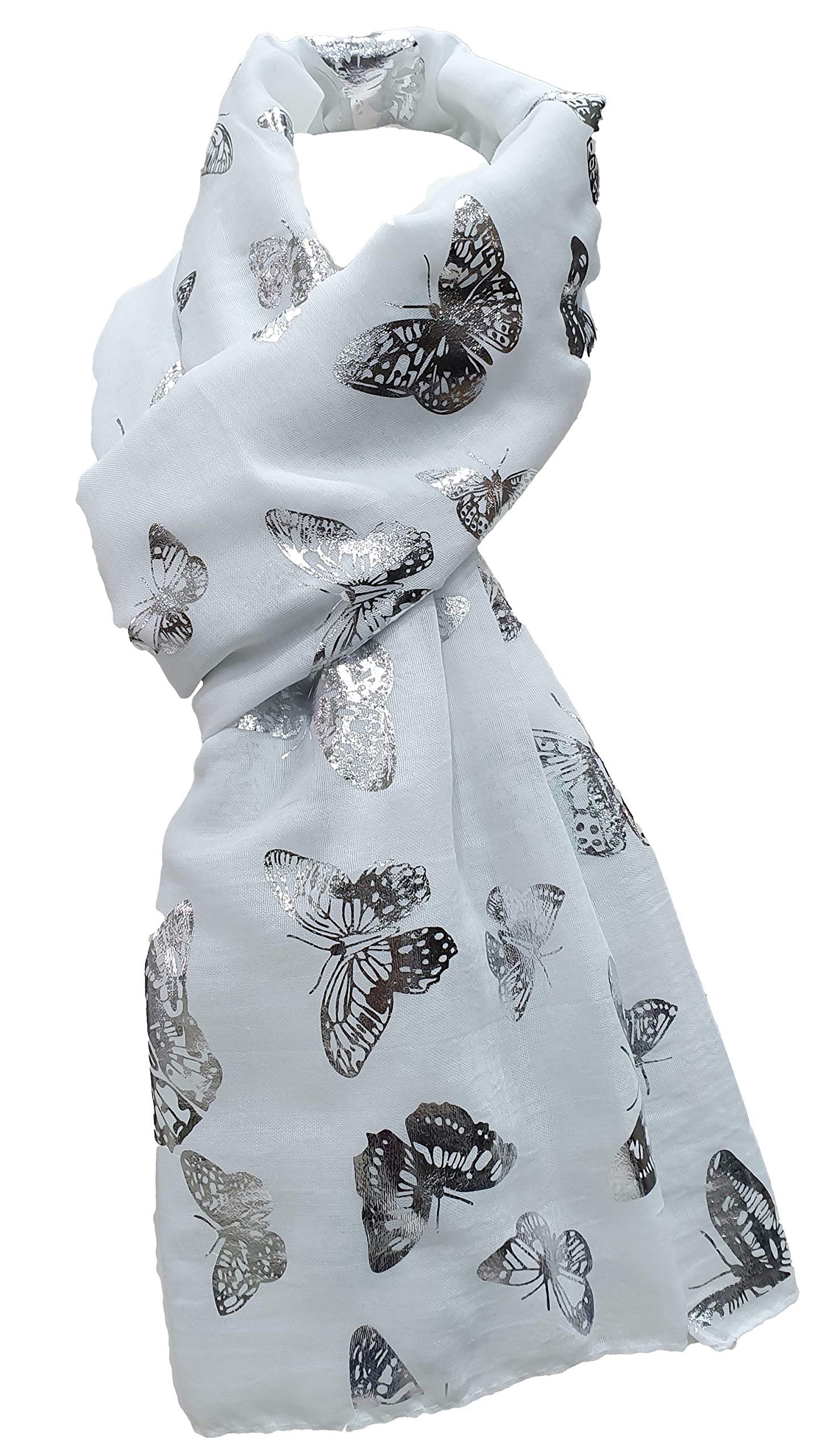 World Of Shawls Women's White With Silver Foil Butterfly New Butterfly Print Celebrity Style Scarves Maxi, Scarf, Wrap, Sarong, Shawls (White With Silver Foil Butterfly)