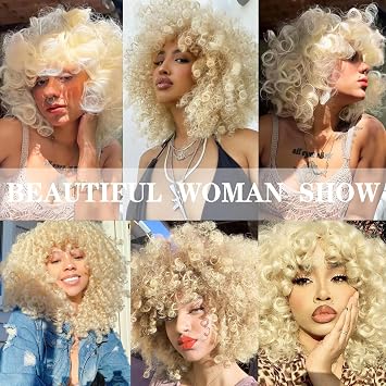 Afro Curly Wigs for Black Women Curly Glueless Wig with Bangs 613 Blonde Colored Synthetic Heat Resistant Wigs