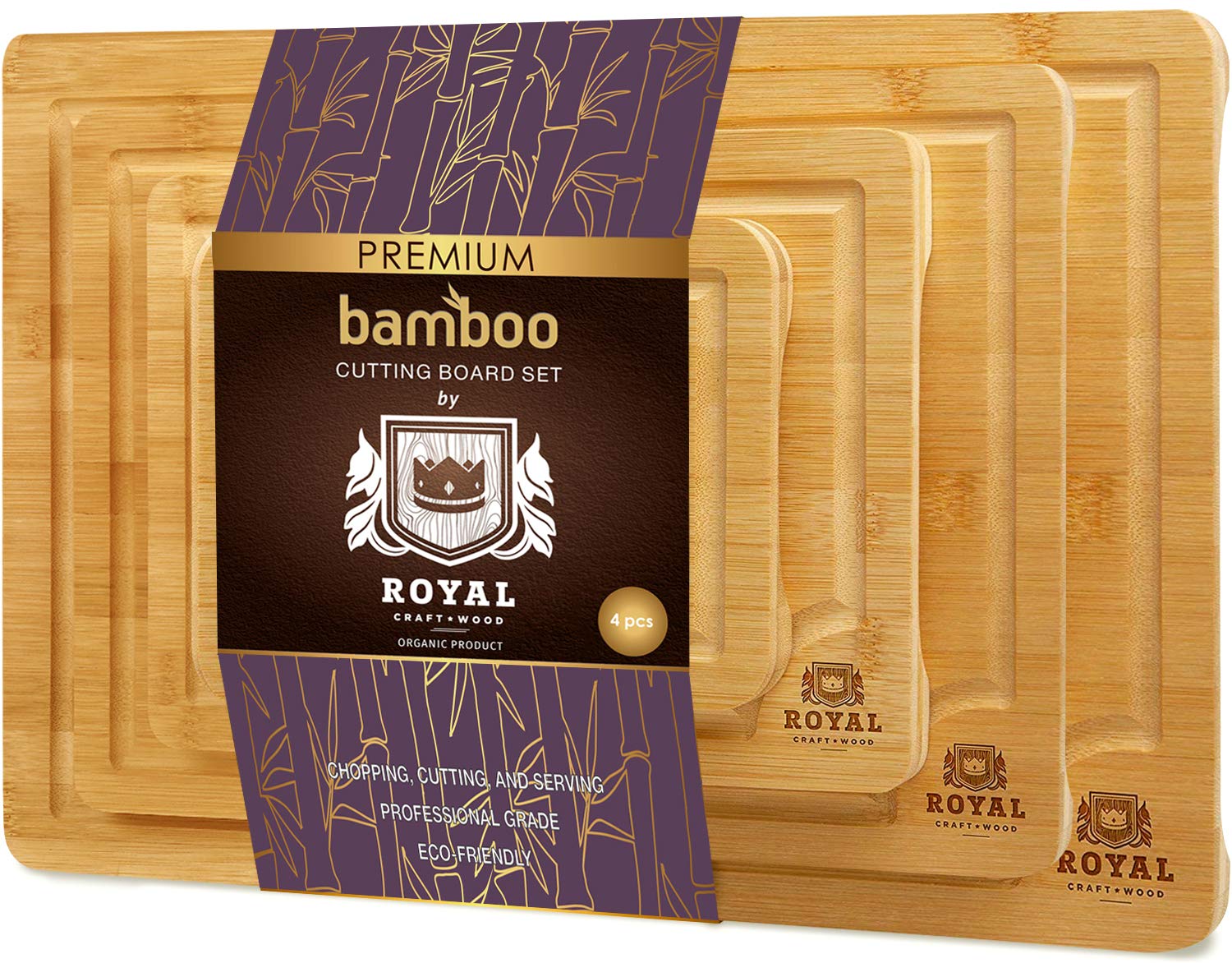 ROYAL CRAFT WOODCutting Board Set - Bamboo Cutting Board with Juice Groove - Kitchen Chopping Board for Meat (er Block) Cheese and Vegetables | Heavy Duty Serving Tray w/Handles (4-Pieces)