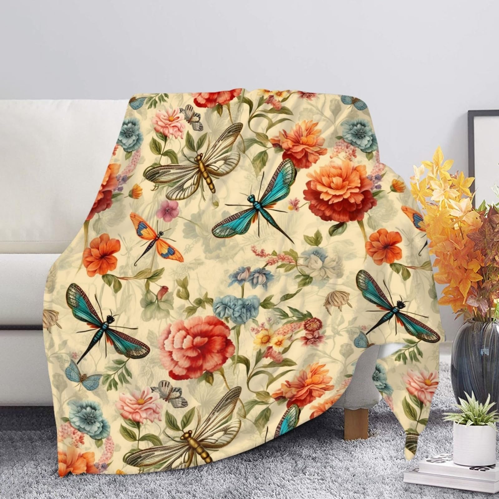 Kuiaobaty Dragonfly Floral Painting Warm Bed Blanket Cozy Soft Plush Fleece Blanket Perfect for Women Gifts, Vintage Sofa Throw over — image 1