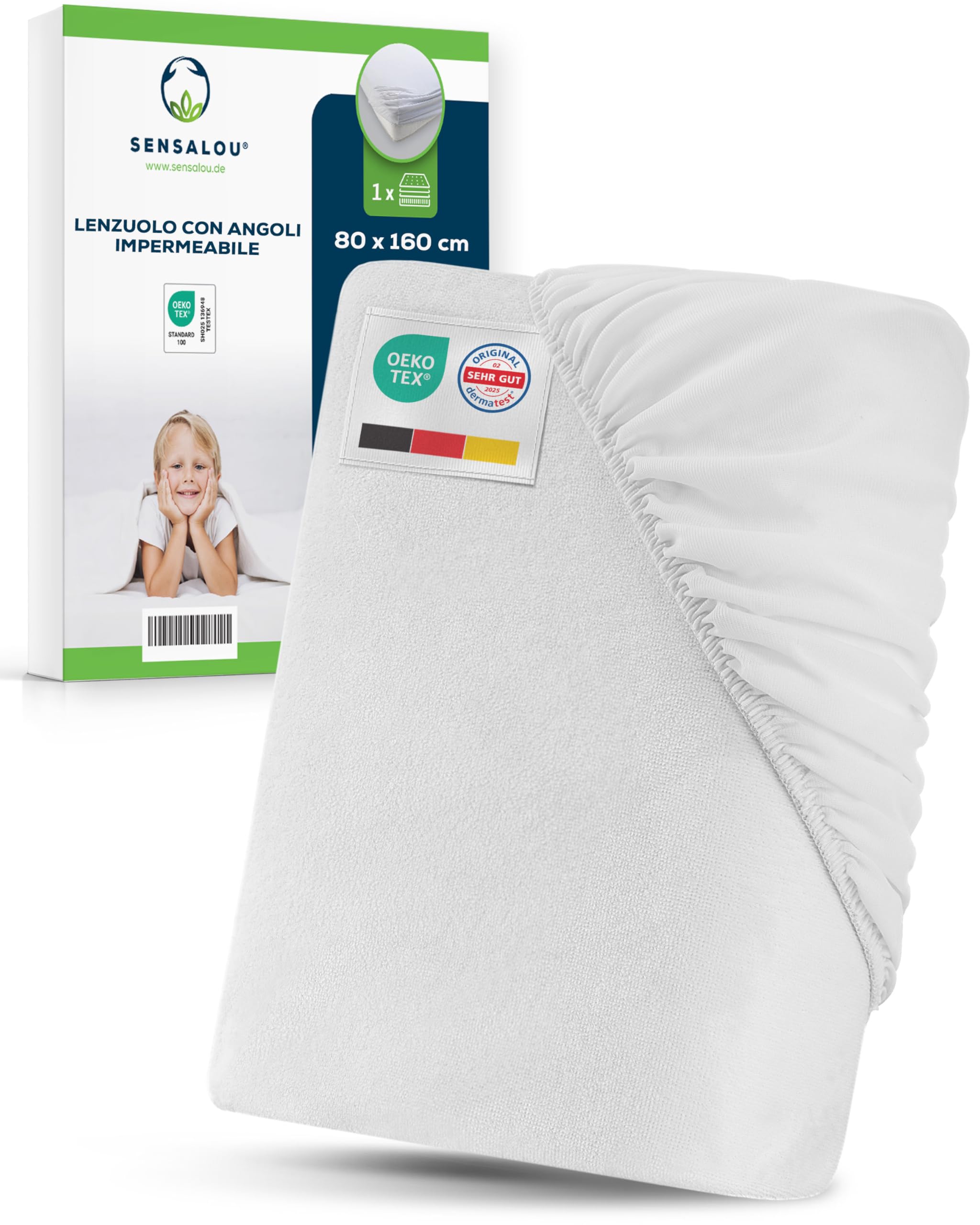Sensalou Coprimaterasso Impermeabile 80 x 160 cm, Lenzuolo con Angoli Frotte Morbido e Silenzioso, Salva Materasso Traspirante Dermatext e Oeko Tex, Lavabile 95 Gradi, per Bambini e Camping