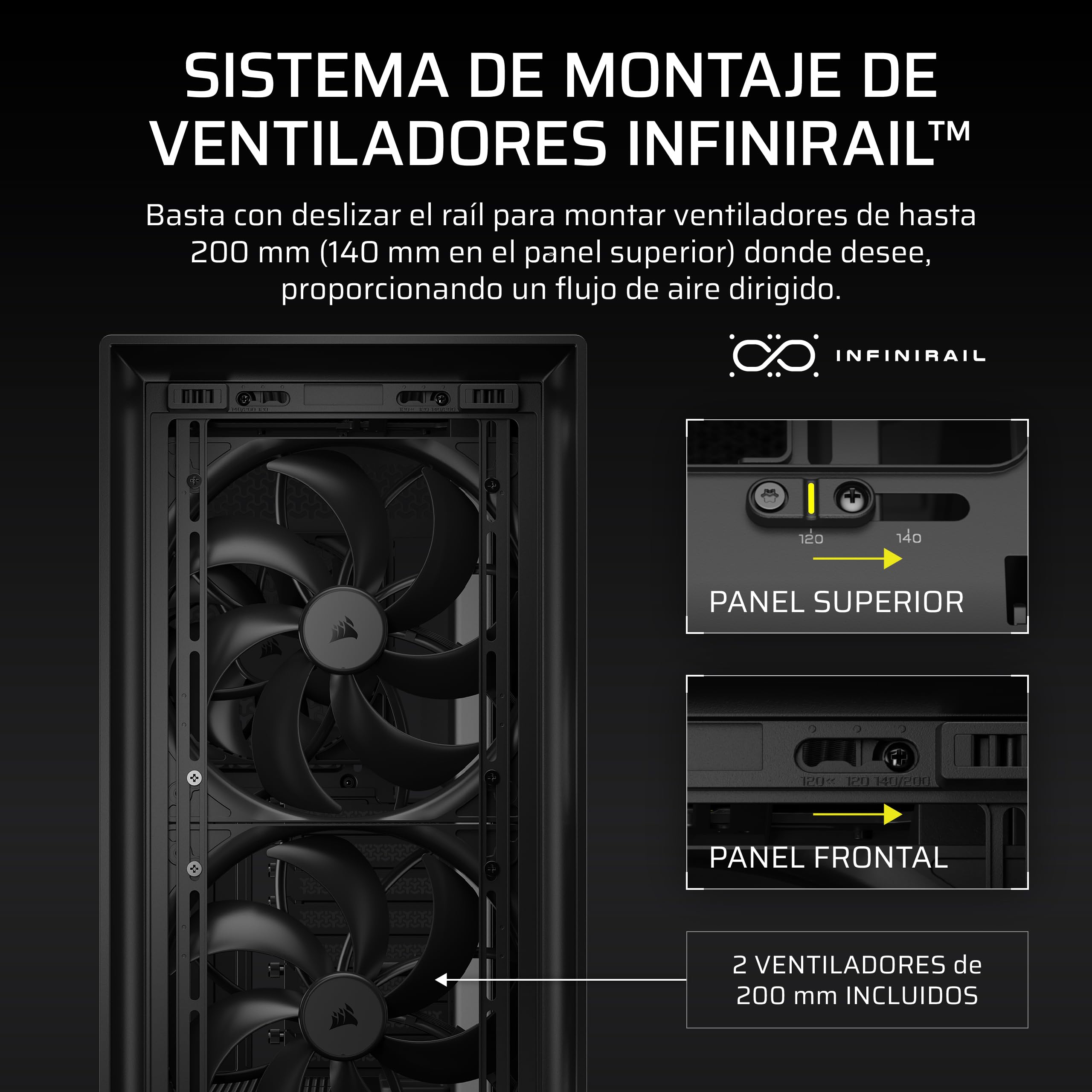 CORSAIR Frame 5000D Wood RS Caja de PC ATX de Semitorre – Negro/Nogal | Panel de Flujo de Aire de Madera Maciza, 3 Ventiladores Preinstalados, Personalización Modular, Brazo Anticaída GPU