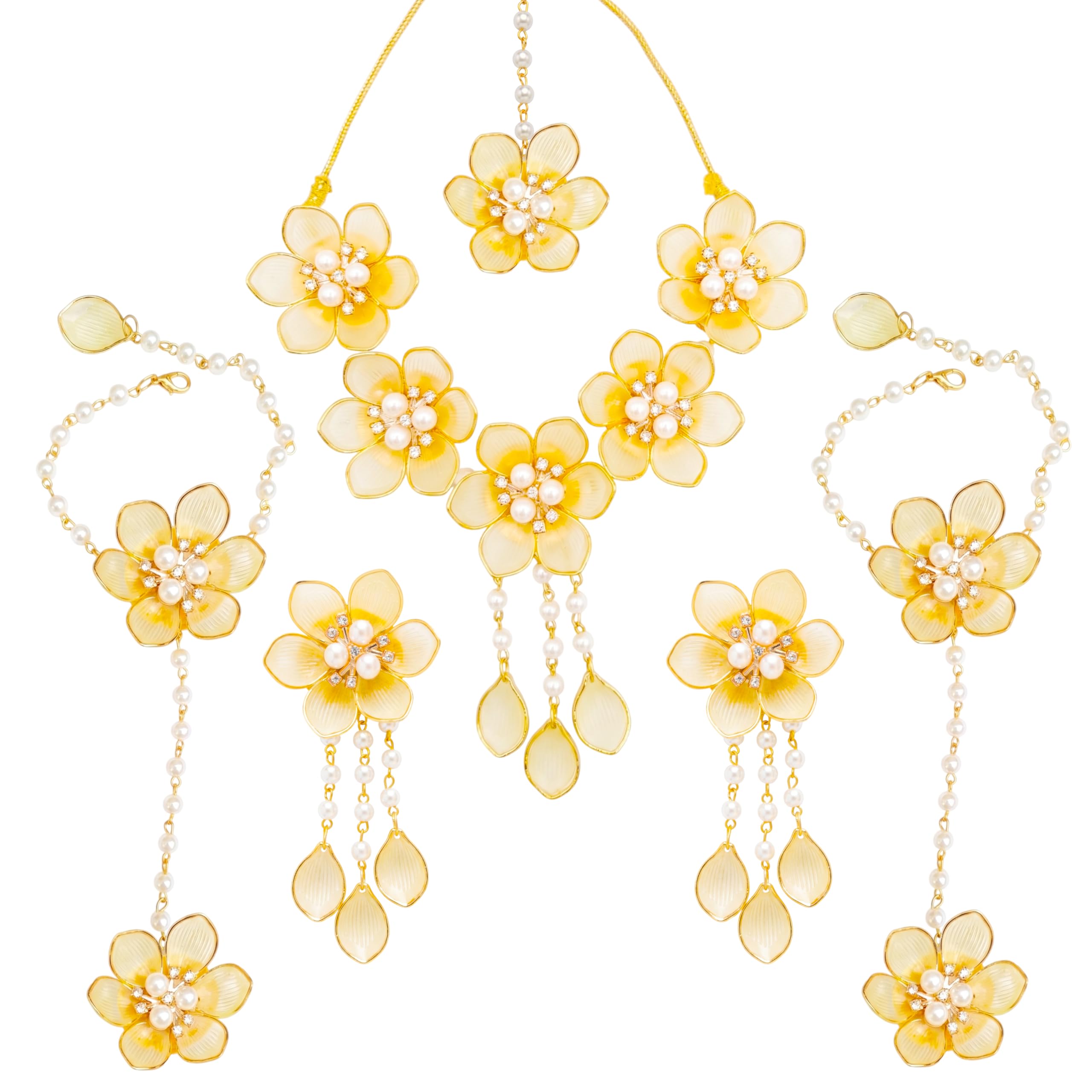 Handcrafted Flower Haldi Jewellery Set Petal Flower Charm Necklace with Earrings Bracelet & Maang Tikka for Women & Girls Floral Jewellery for Mehendi Haldi Wedding Bridal Baby Shower Festival-image-23