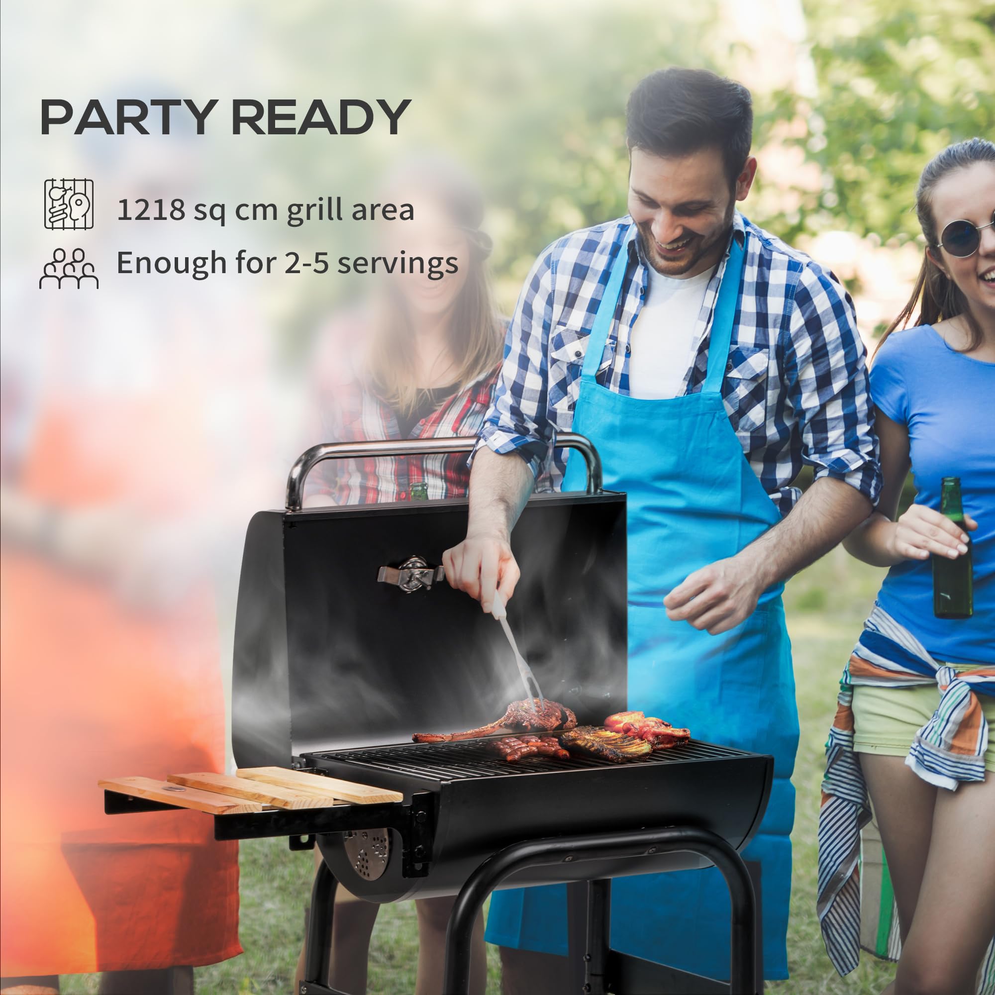 Outsunny Grill na węgiel drzewny z półkami, przenośny wózek do grillowania z kółkami, pokrywka, termometr, komin, do gotowania na świeżym powietrzu, ogrodu, na imprezę, czarny