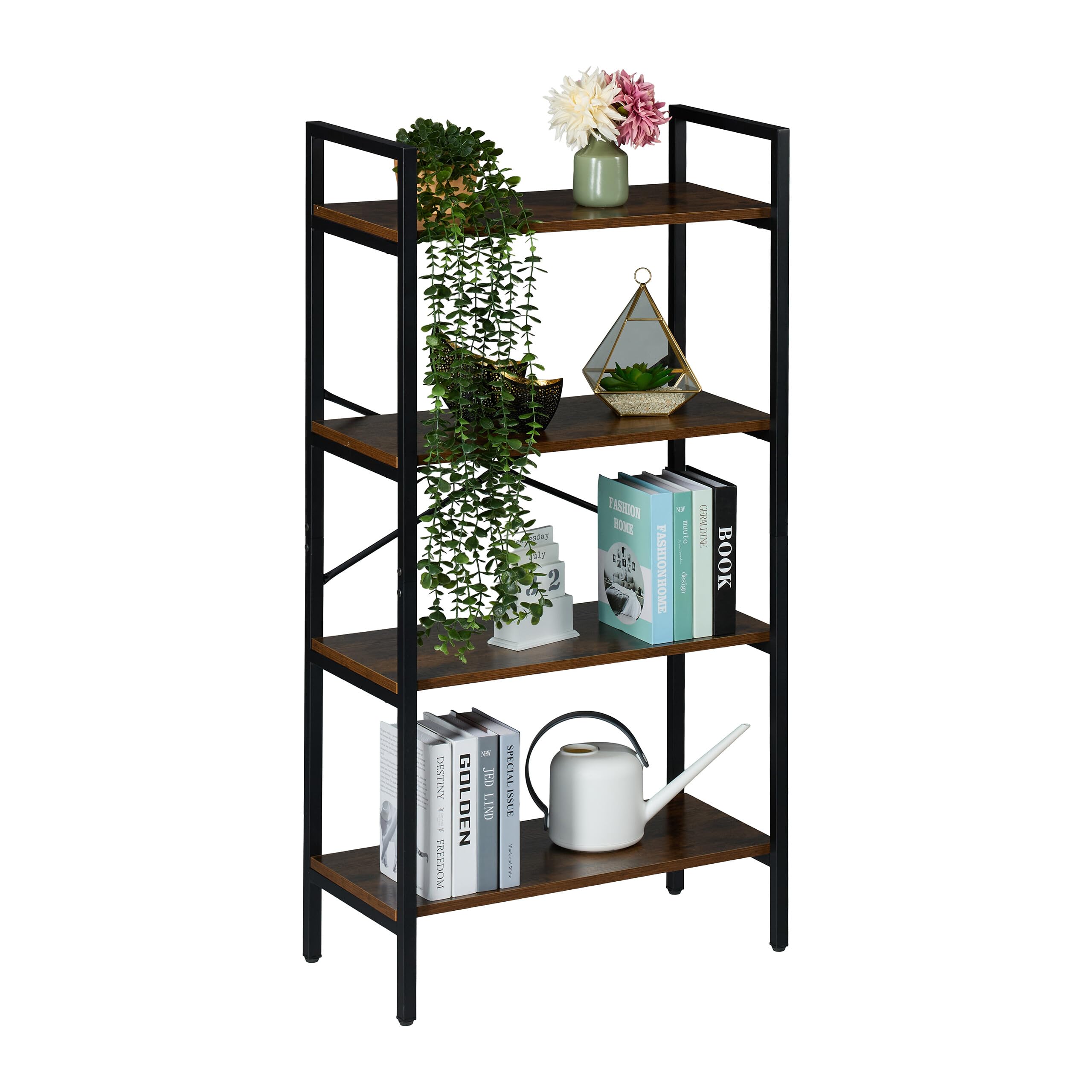 Relaxdays Estantería, Diseño Industrial, 4 Baldas, 122 x 60 x 32 cm, Librería Abierta, Estante de Pie, Negro/​Marrón