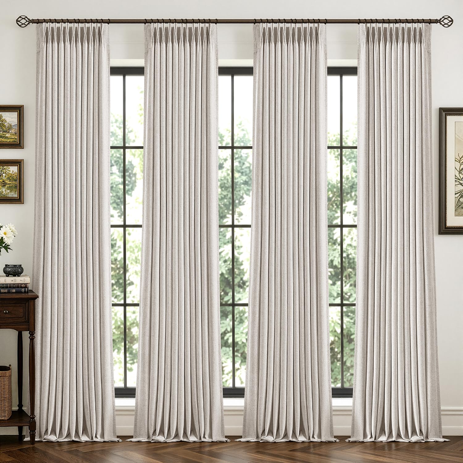 MIULEE 4 Panels Pinch Pleated 100% Blackout Linen Curtains 40"x108" Birch