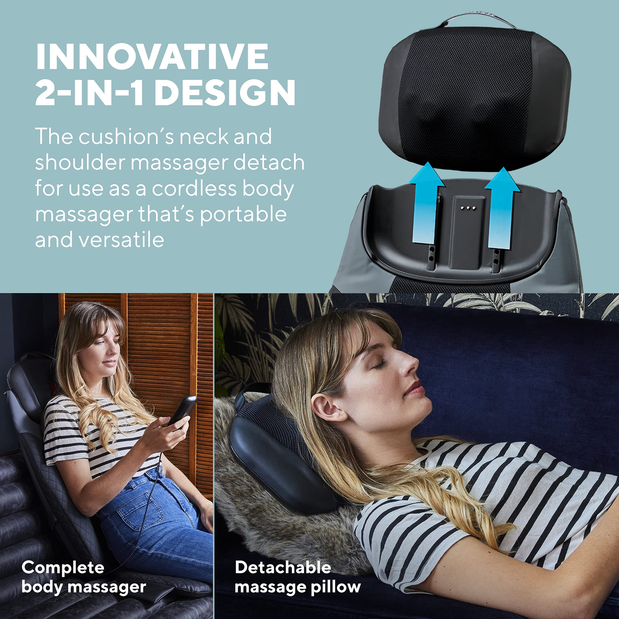 HoMedics Masażer Shiatsu 2 w 1 i poduszka bezprzewodowa – dwa elementy masujące ukierunkowane na pokrycie całego ciała z funkcją masażu izolowanego, czarny