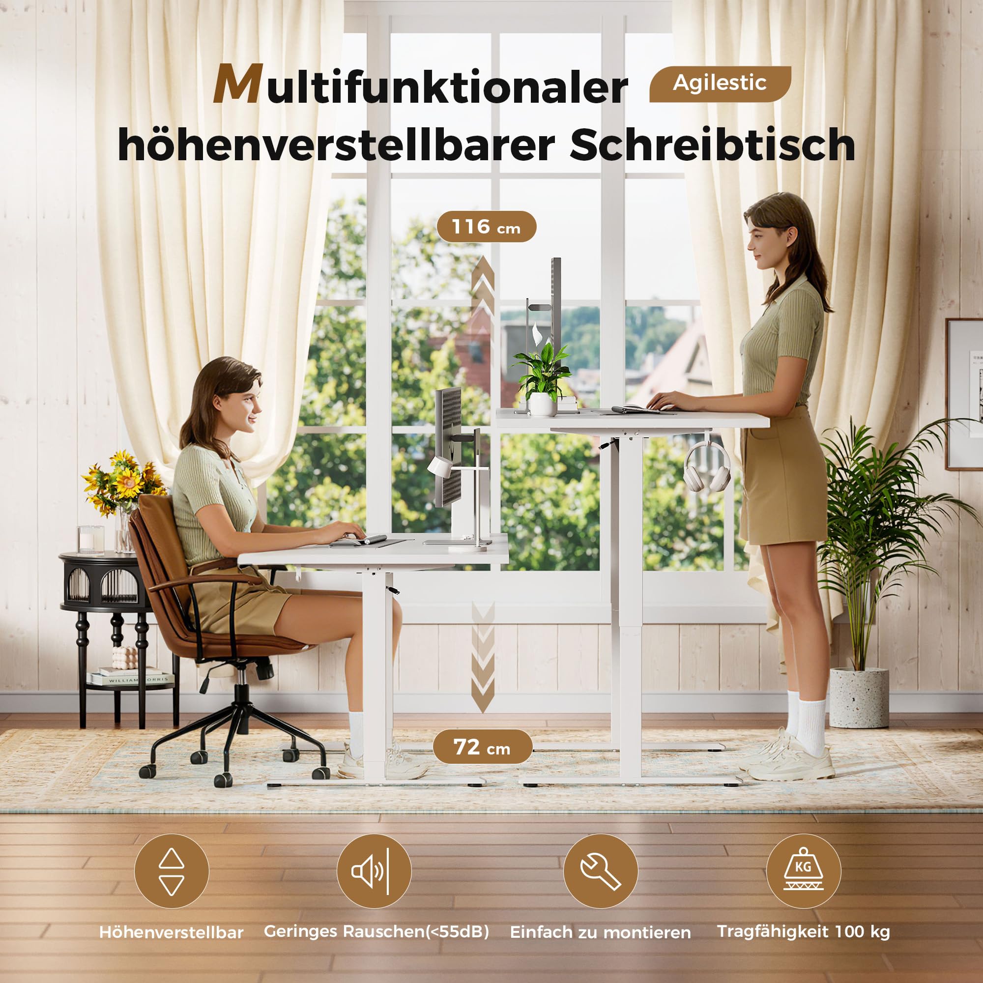 Agilestic Höhenverstellbarer Schreibtisch elektrisch 160x80 cm, Weiß