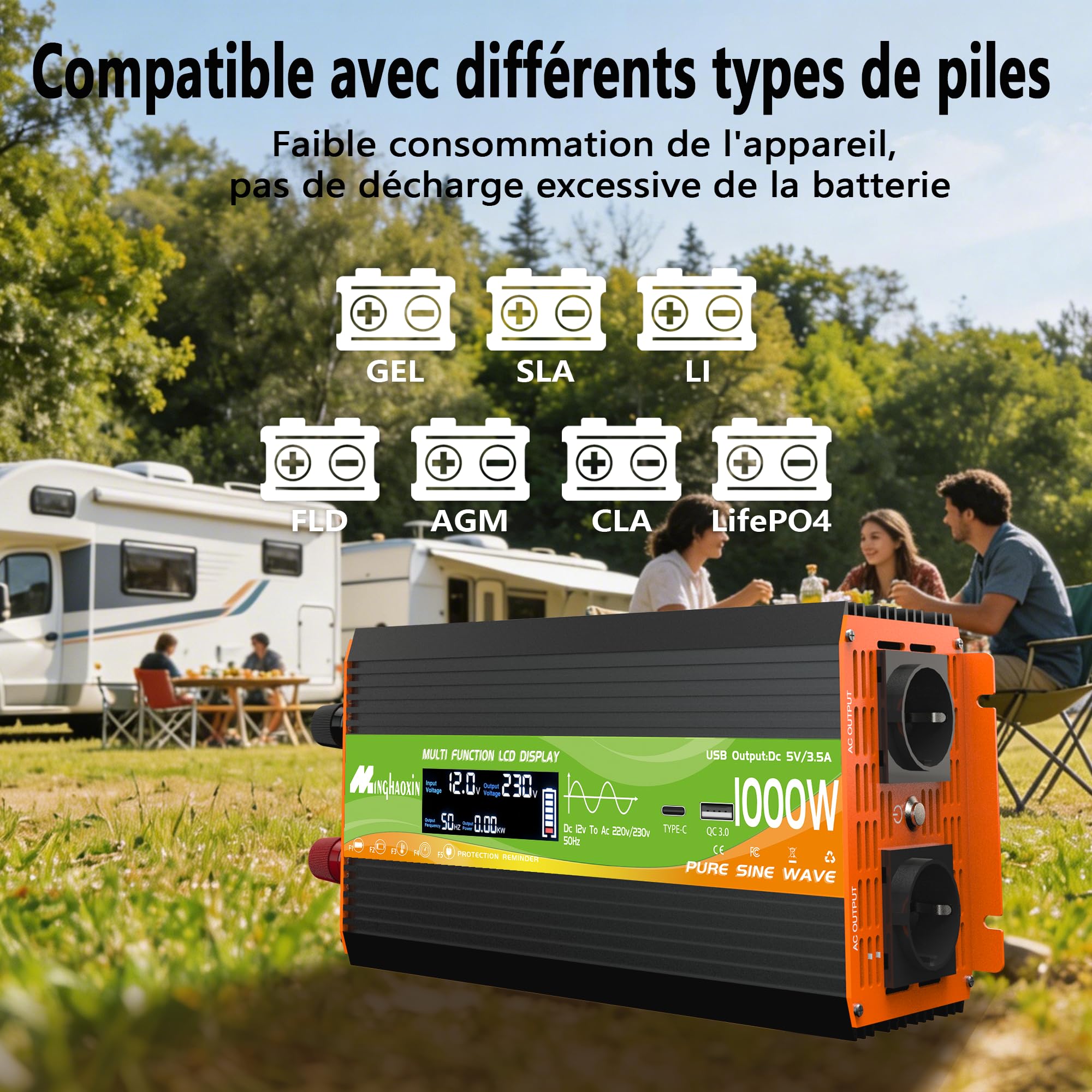 Convertisseur 1000W 12v 220v Pur Sinus Onduleur,Transformateur -2 Prise EU De Courant Alternatif,Ports USB+Type-C,Télécommande sans Fil Et écran LCD,pour énergie Cars, Coupures De Courant, Voyages