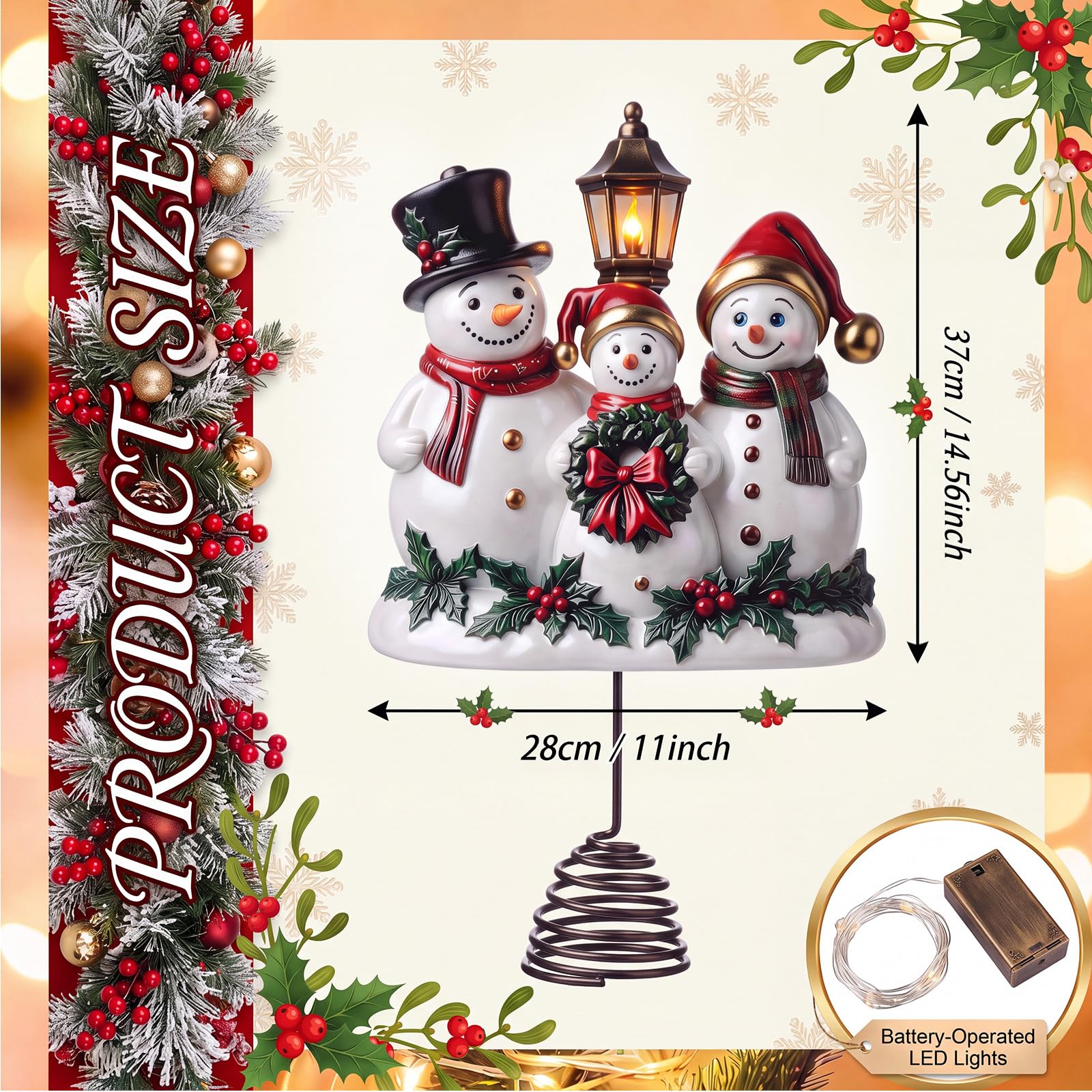 Arrowbash Puntale per albero di Natale illuminato con 20 luci LED, per cima dell'albero di Natale, elegante decorazione per le festività natalizie (pupazzo di neve)